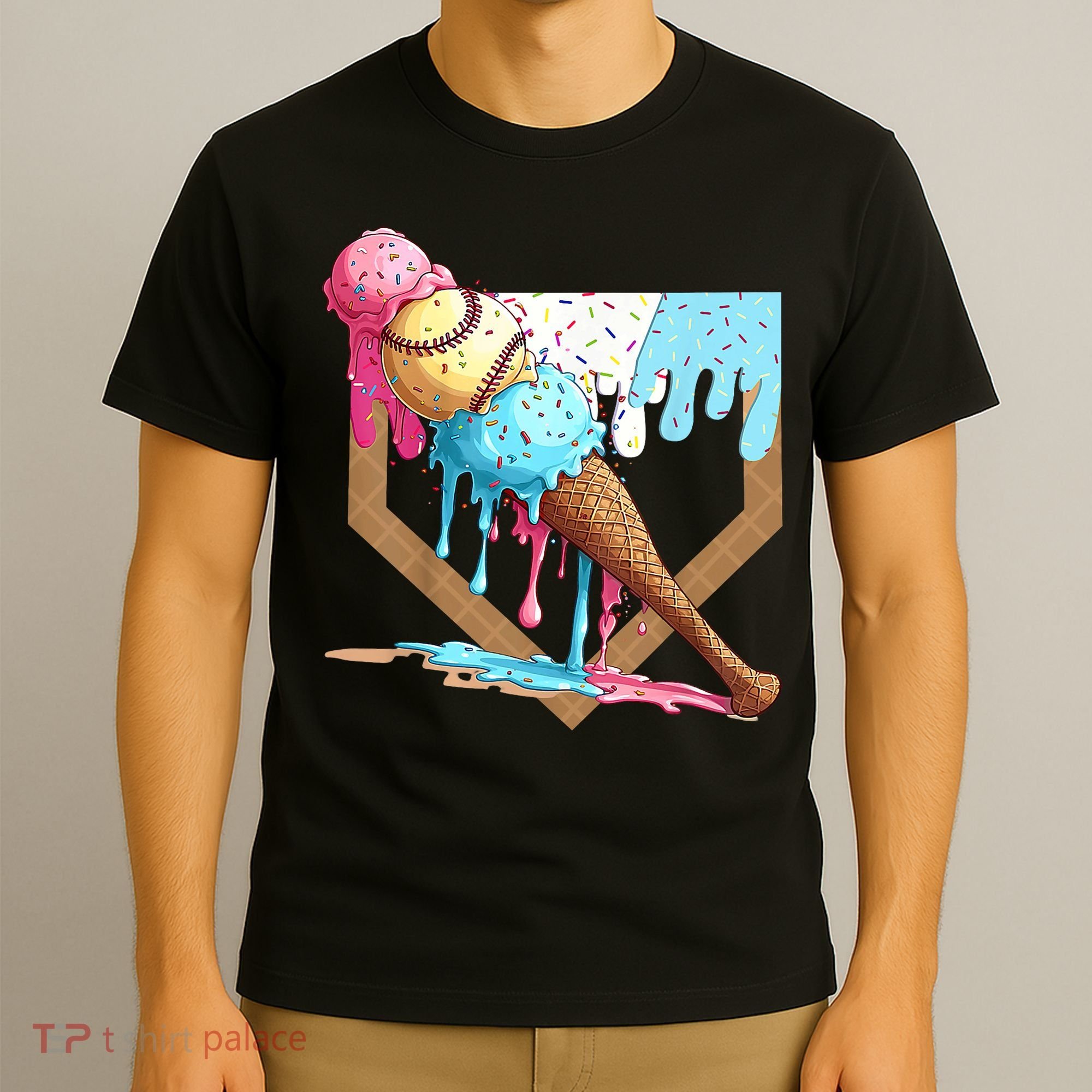 Baseball Ice Cream Dripping Baseball Home Plate Drip T-Shirt