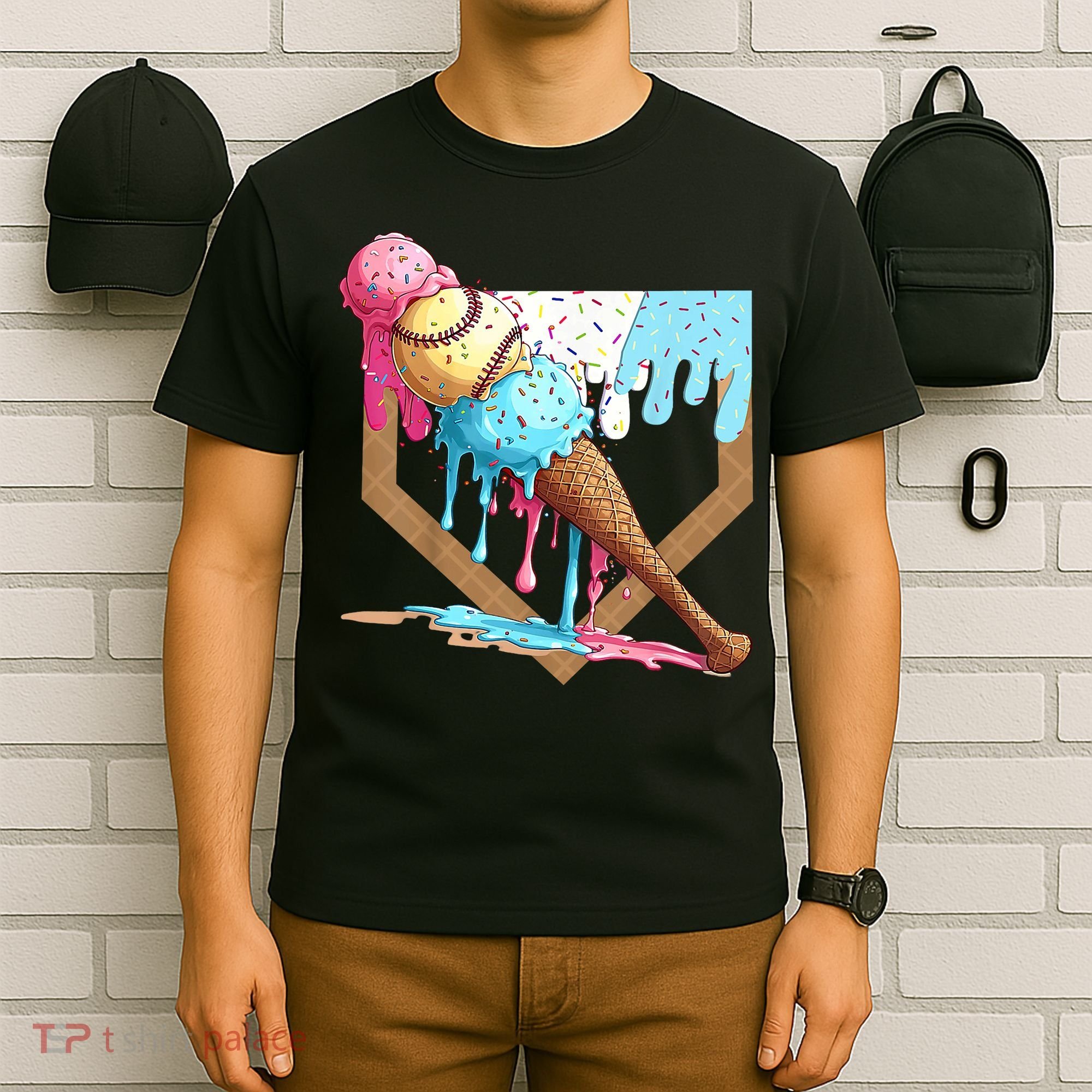 Baseball Ice Cream Dripping Baseball Home Plate Drip T-Shirt