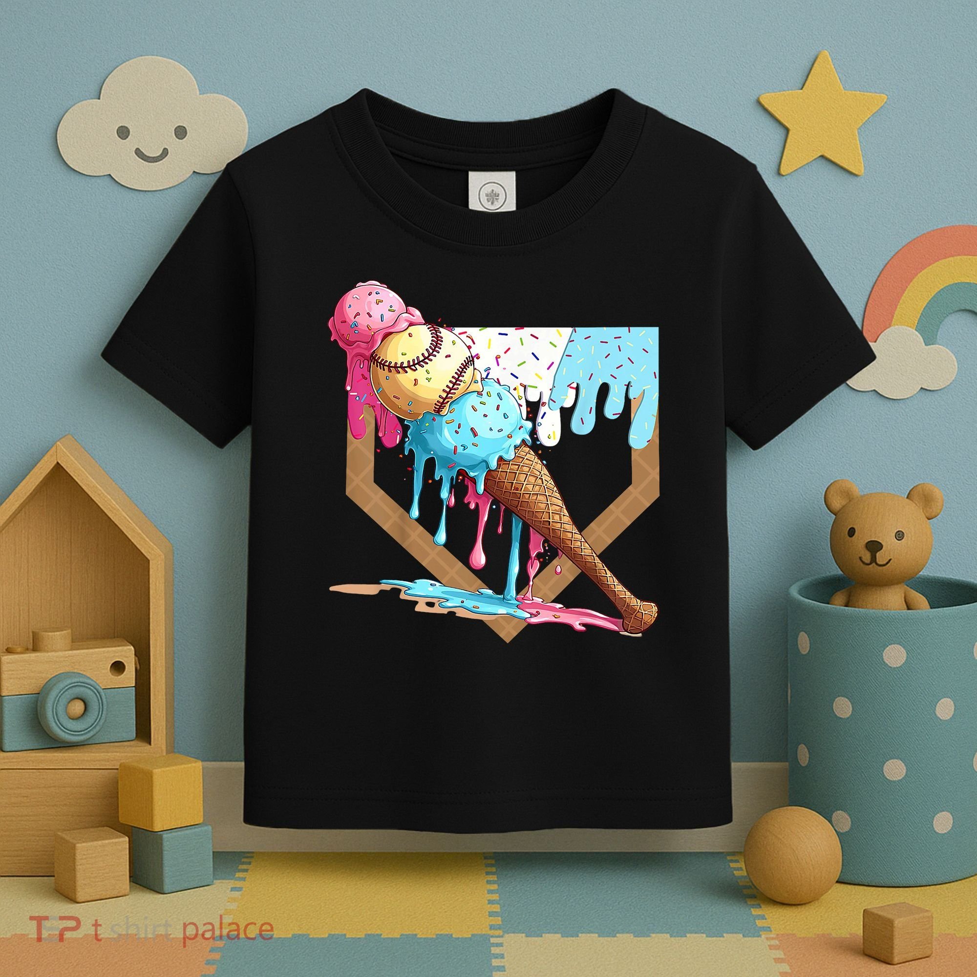 Baseball Ice Cream Dripping Baseball Home Plate Drip Toddler T-Shirt