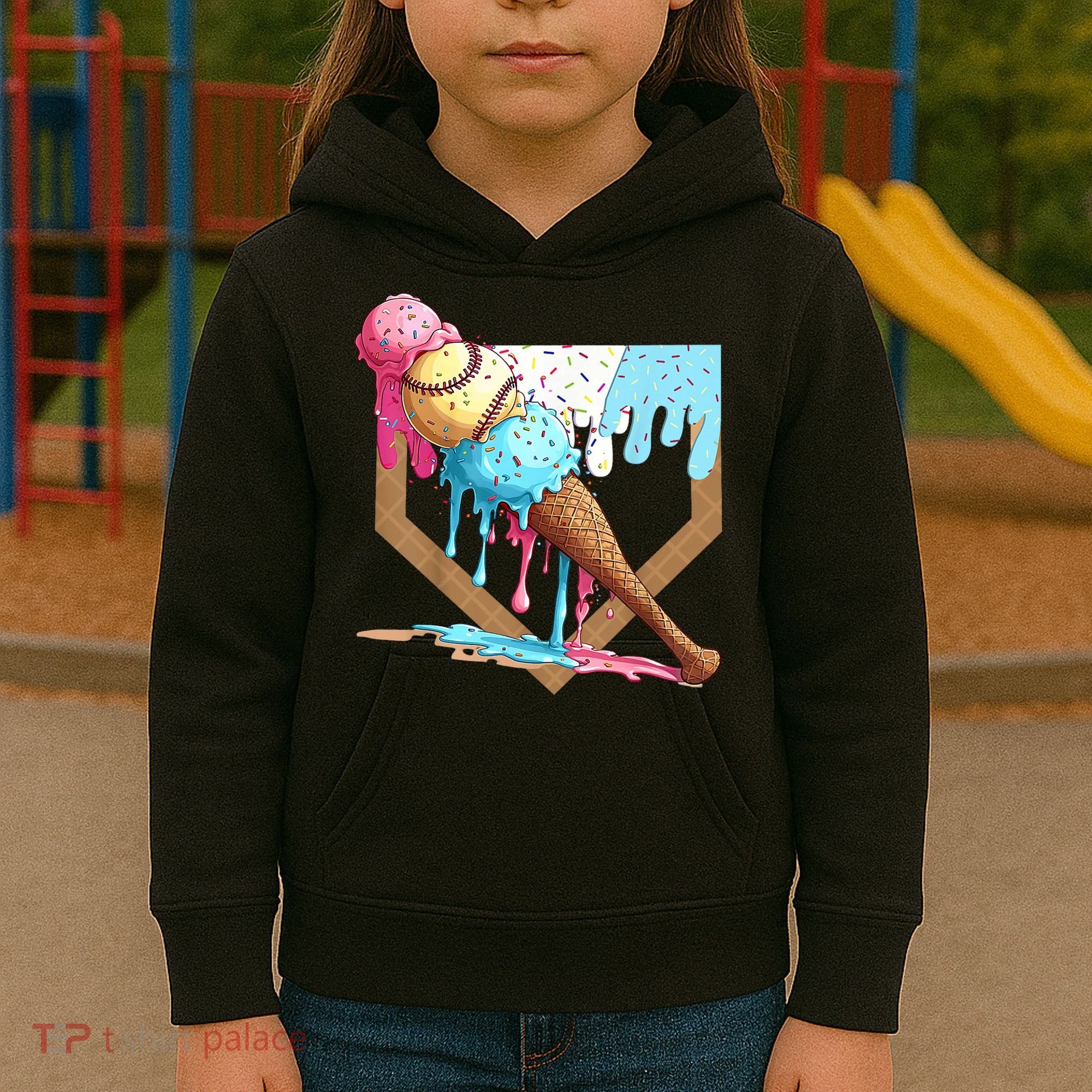 Baseball Ice Cream Dripping Baseball Home Plate Drip Kids Hoodie