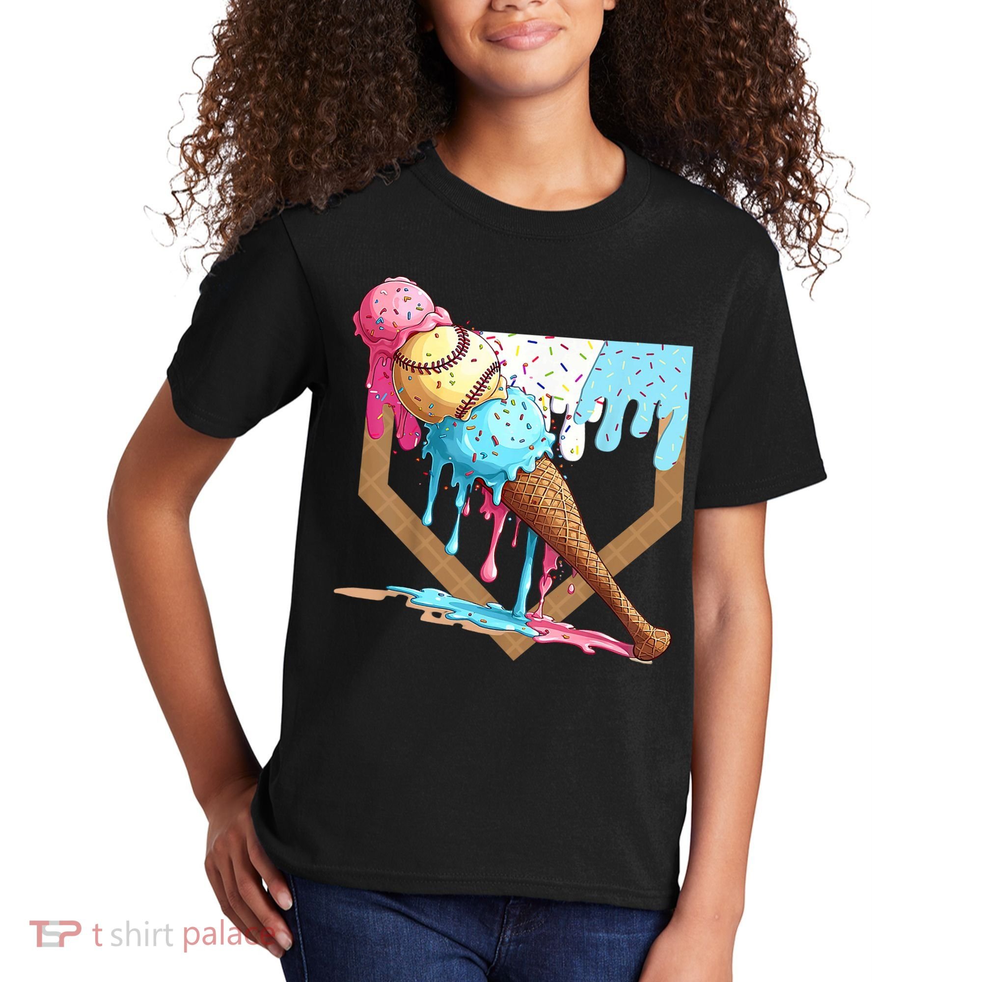 Baseball Ice Cream Dripping Baseball Home Plate Drip Kids T-Shirt