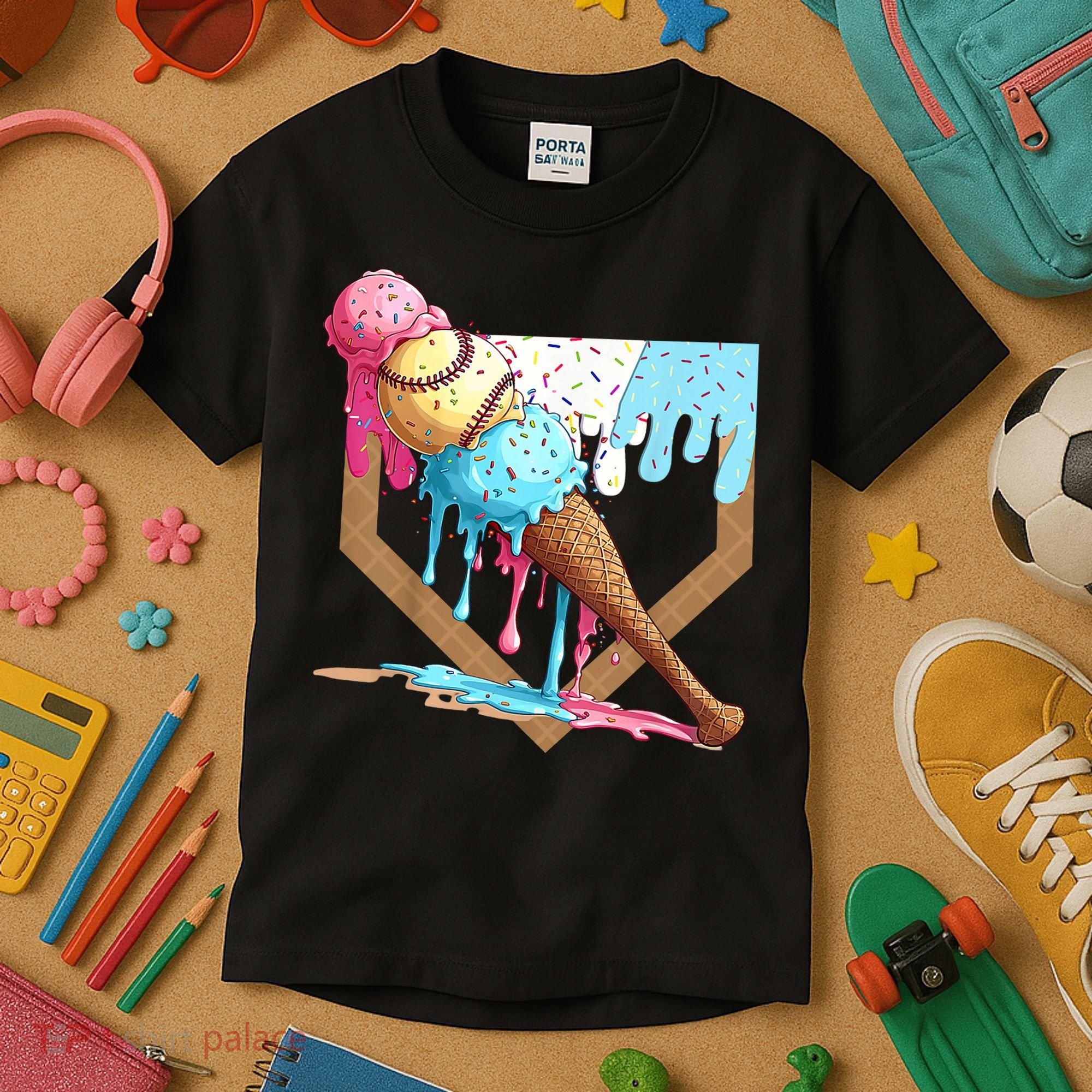 Baseball Ice Cream Dripping Baseball Home Plate Drip Kids T-Shirt