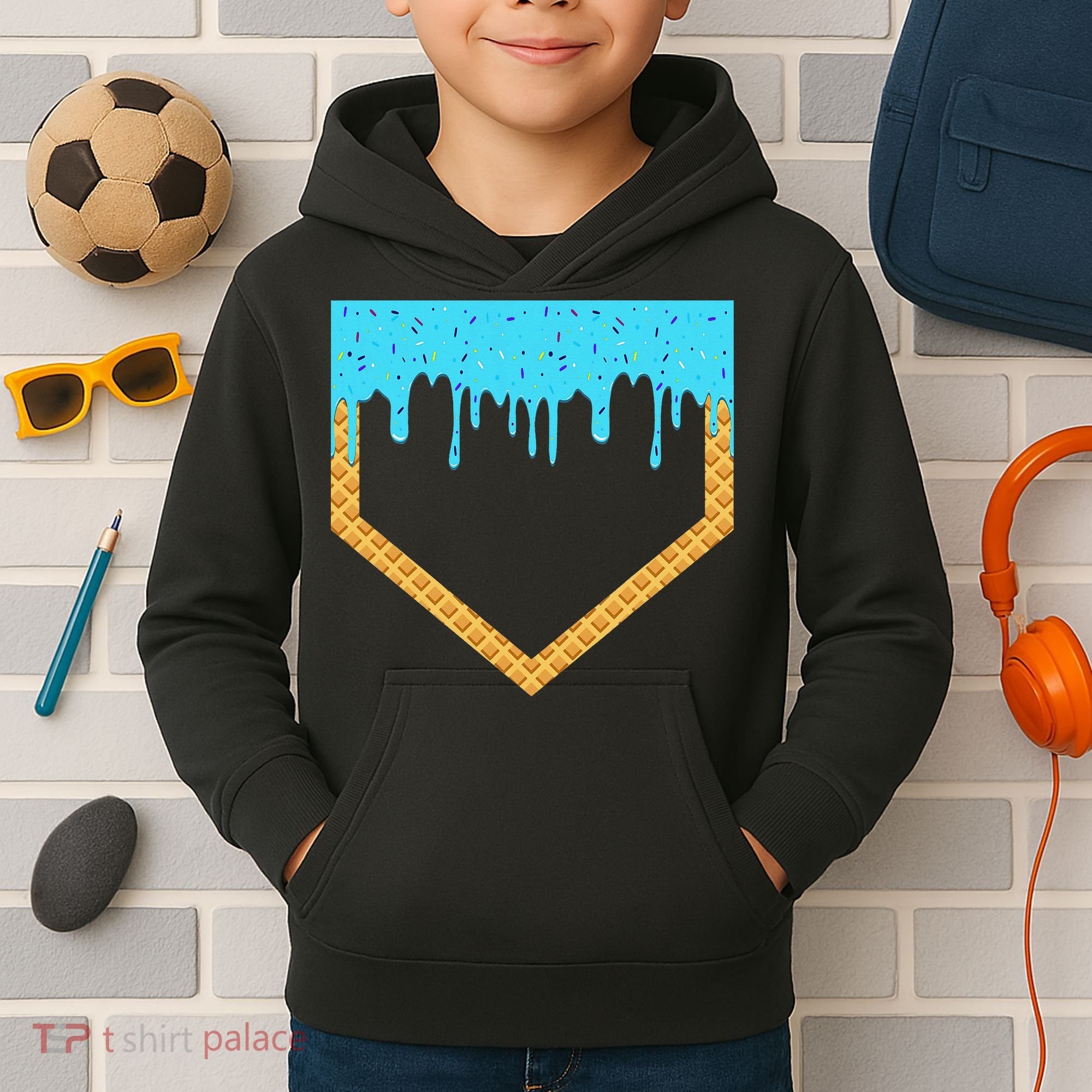 Baseball Ice Cream Dripping Baseball Home Plate Drip Kids Hoodie