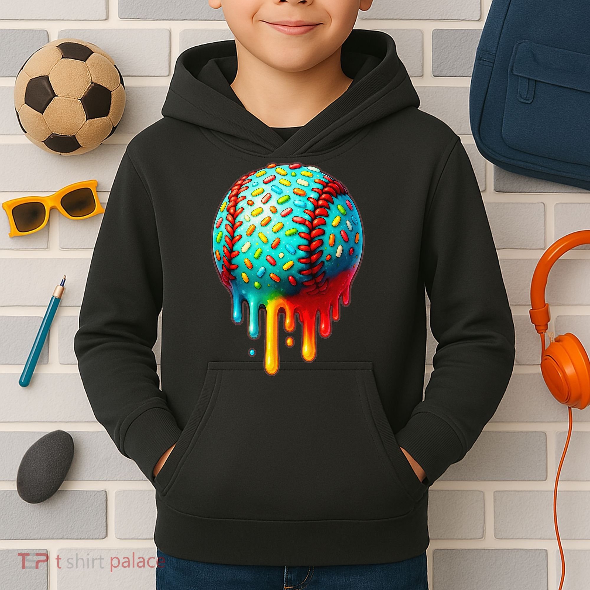Baseball Ice Cream Dripping Baseball Home Plate Drip Kids Hoodie