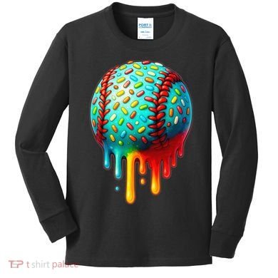Baseball Ice Cream Dripping Baseball Home Plate Drip Kids Long Sleeve Shirt