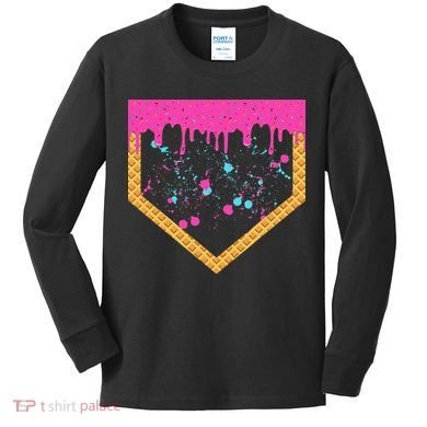 Baseball Ice Cream Dripping Baseball Home Plate Drip Kids Long Sleeve Shirt