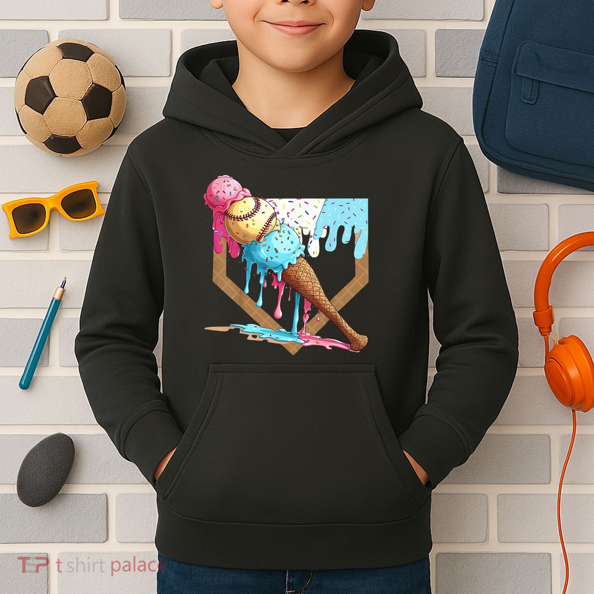 Baseball Ice Cream Dripping Home Plate Kids Hoodie