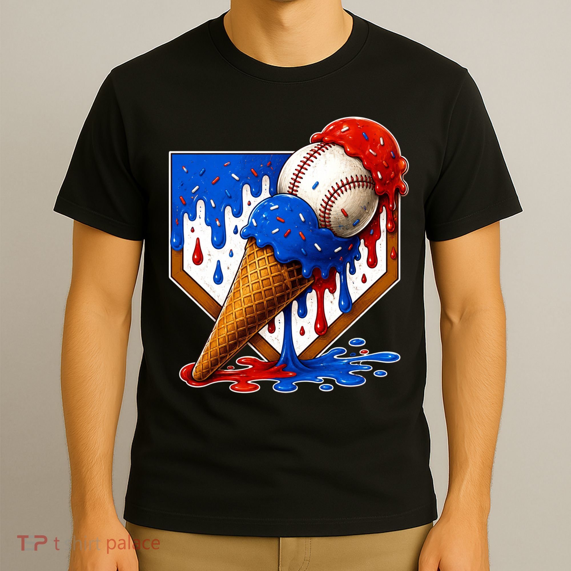 Baseball Ice Cream Drip USA 4th Of July T-Shirt