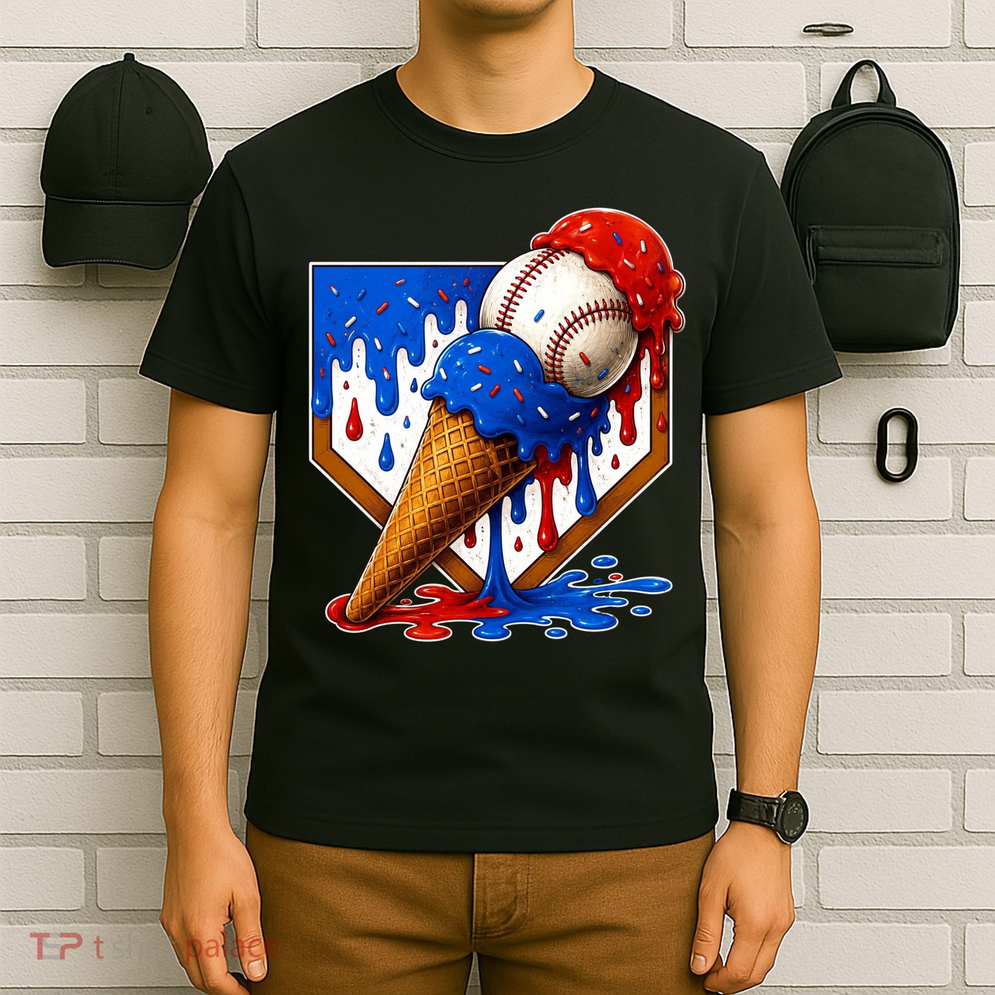 Baseball Ice Cream Drip USA 4th Of July T-Shirt