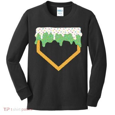 Baseball Ice Cream Dripping Baseball Home Plate Drip Kids Long Sleeve Shirt