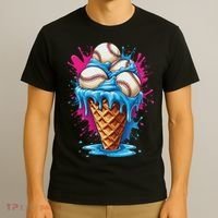 Baseball Ice Cream Funny Ice Cream Baseball Drip Watercolor T-Shirt thumb 3