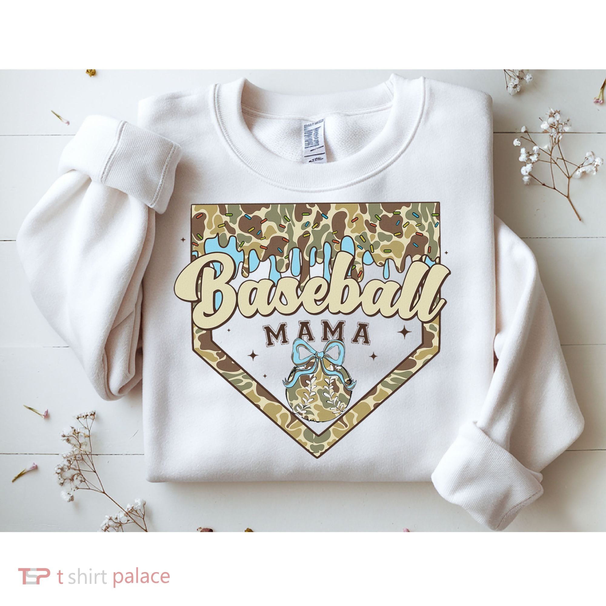 Baseball Icecream Drip Camo Mama Bow Mother's Day Sweatshirt