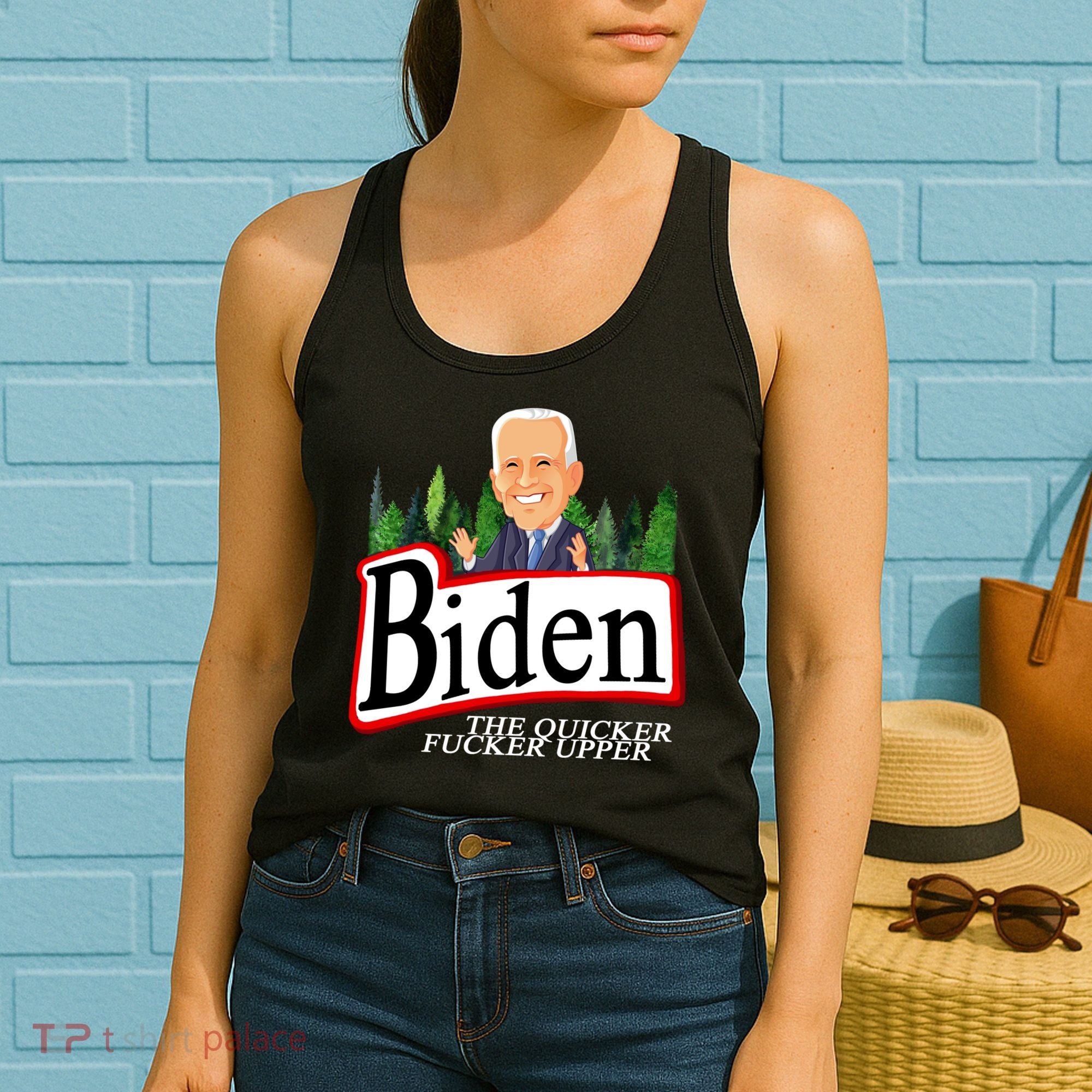 Biden The Quicker Fucker Upper Funny Cartoon Women's Tank Top
