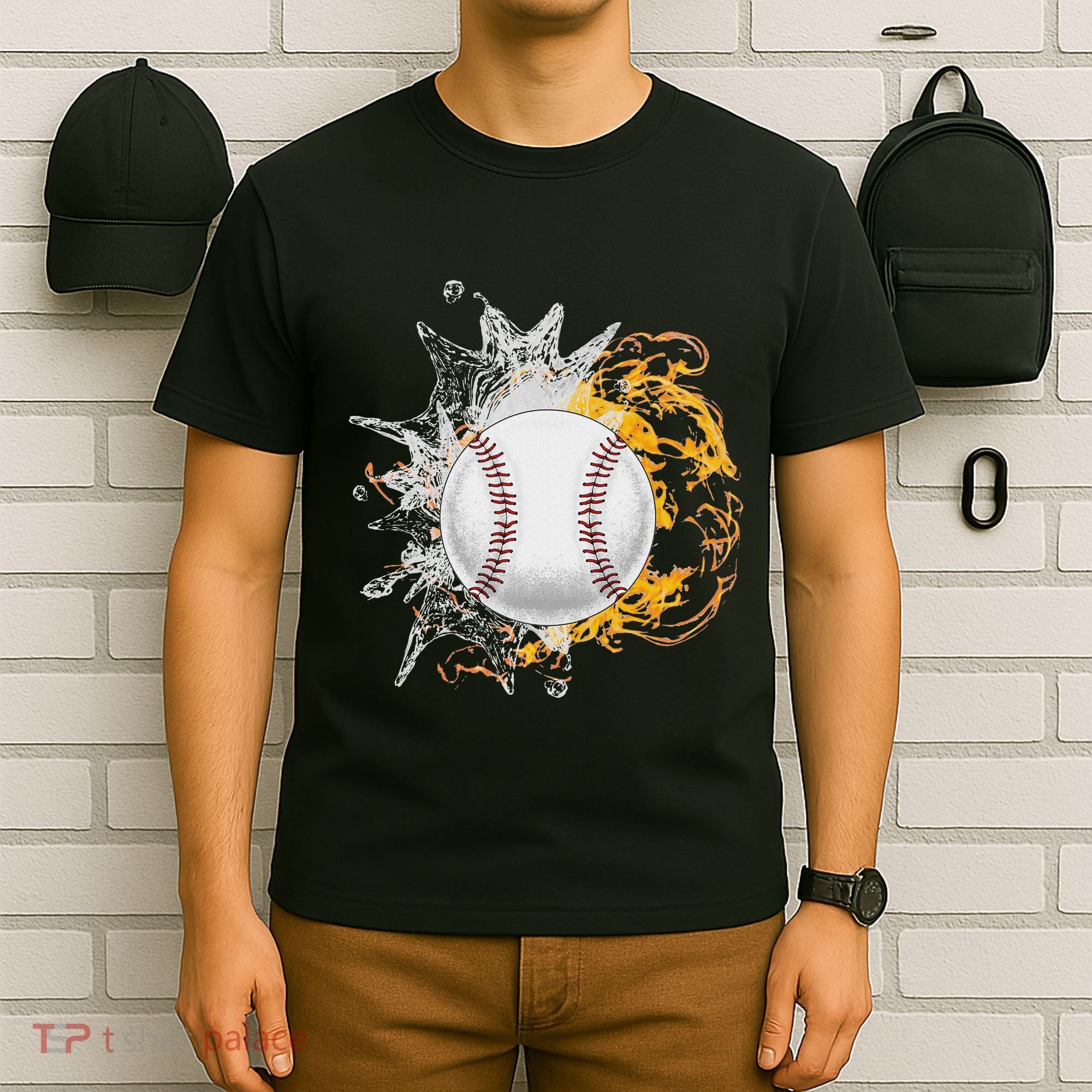 Baseball Ice Flame Fire Cool Sports Pitcher Catcher Gift T-Shirt