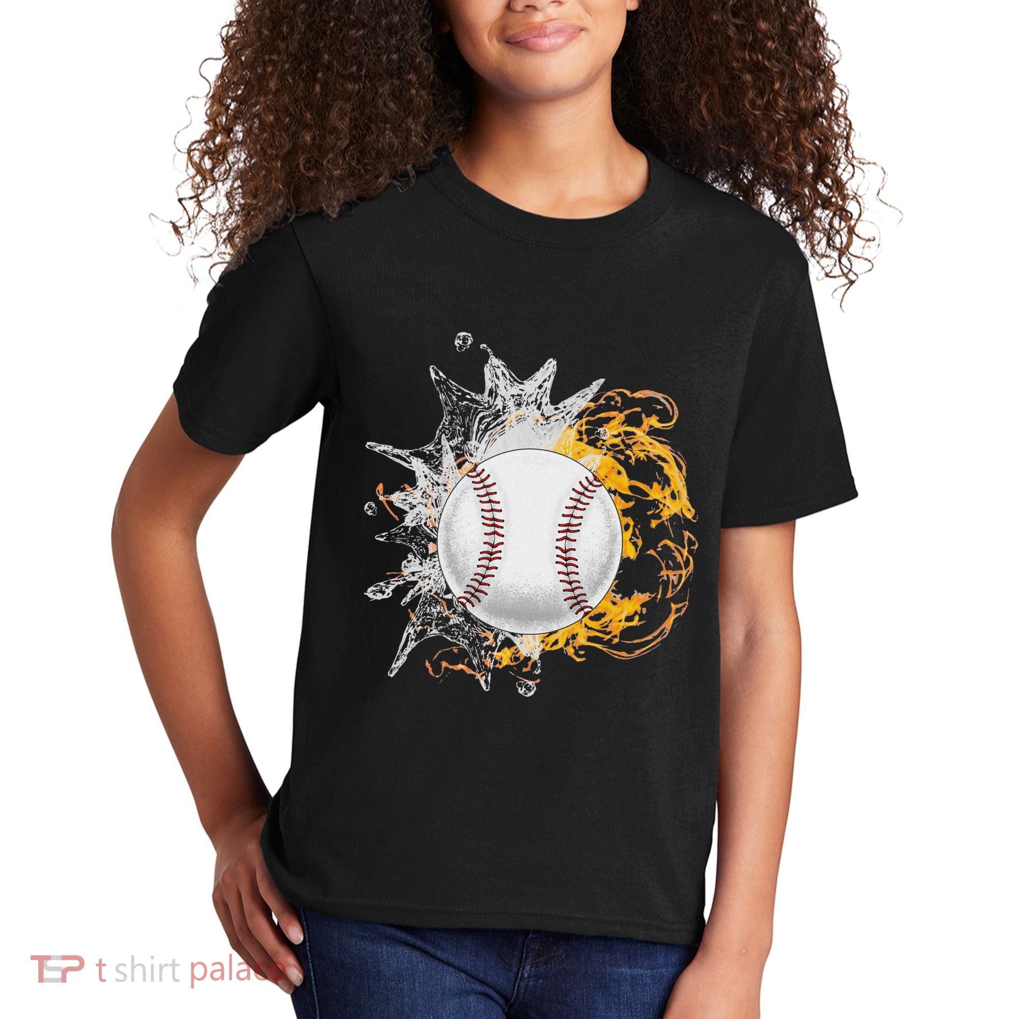 Baseball Ice Flame Fire Cool Sports Pitcher Catcher Gift Kids T-Shirt