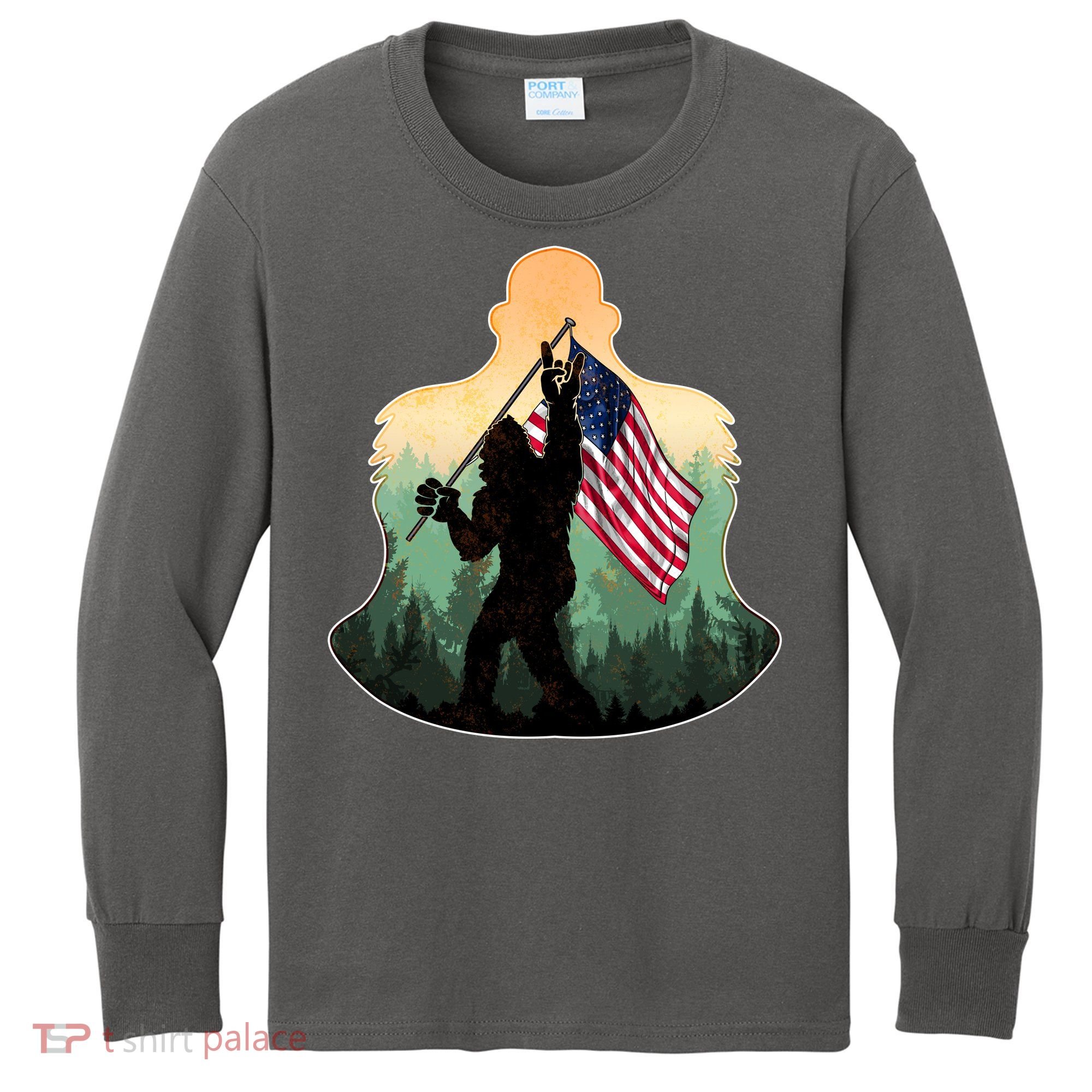 Big Foot American Flag Kids Long Sleeve Shirt