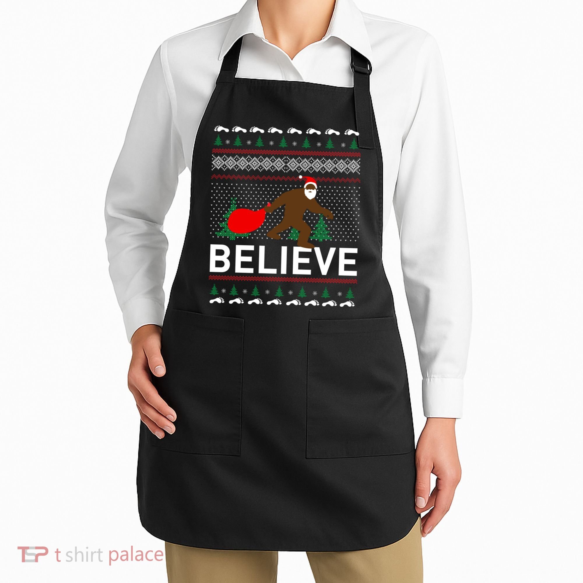 Big Foot Believe Ugly Christmas Sweater Apron