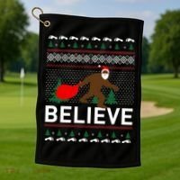 Big Foot Believe Ugly Christmas Sweater Golf Towel thumb 1