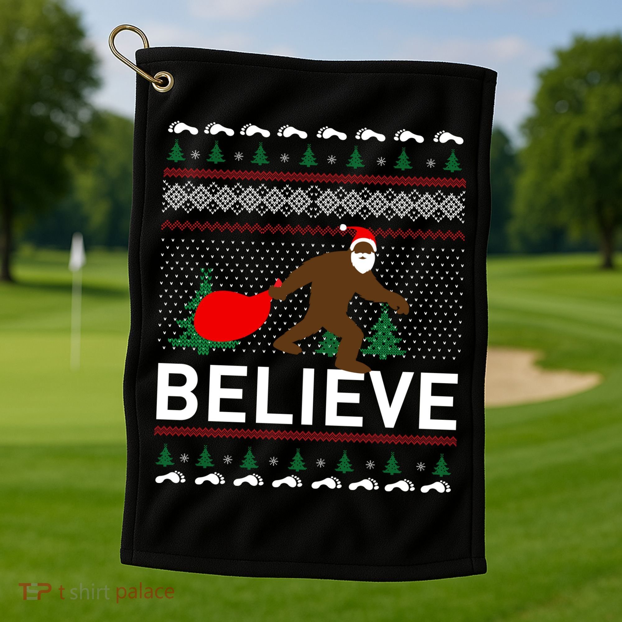 Big Foot Believe Ugly Christmas Sweater Golf Towel