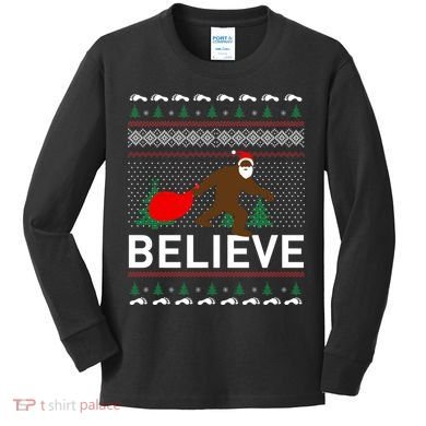 Big Foot Believe Ugly Christmas Sweater Kids Long Sleeve Shirt