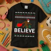 Big Foot Believe Ugly Christmas Sweater Kids T-Shirt thumb 3
