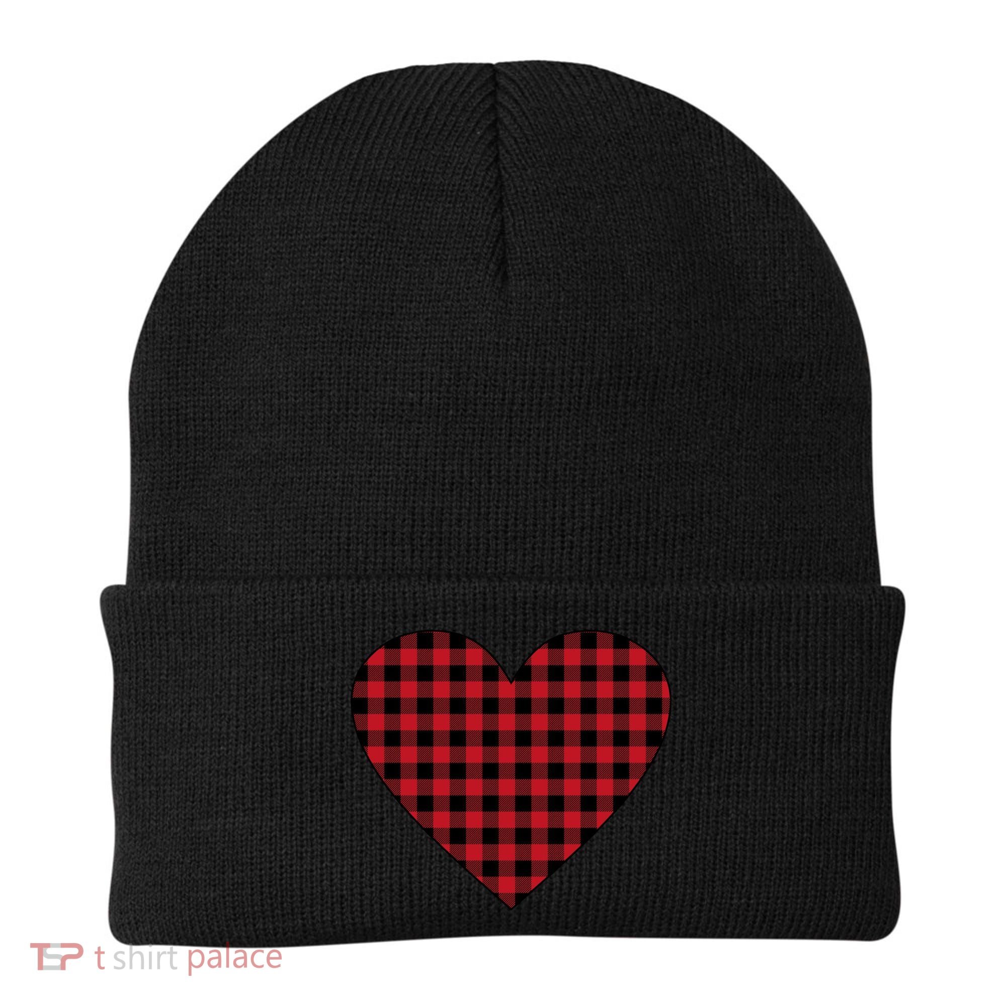 Big Heart Red Plaid Valentines Day Beanie