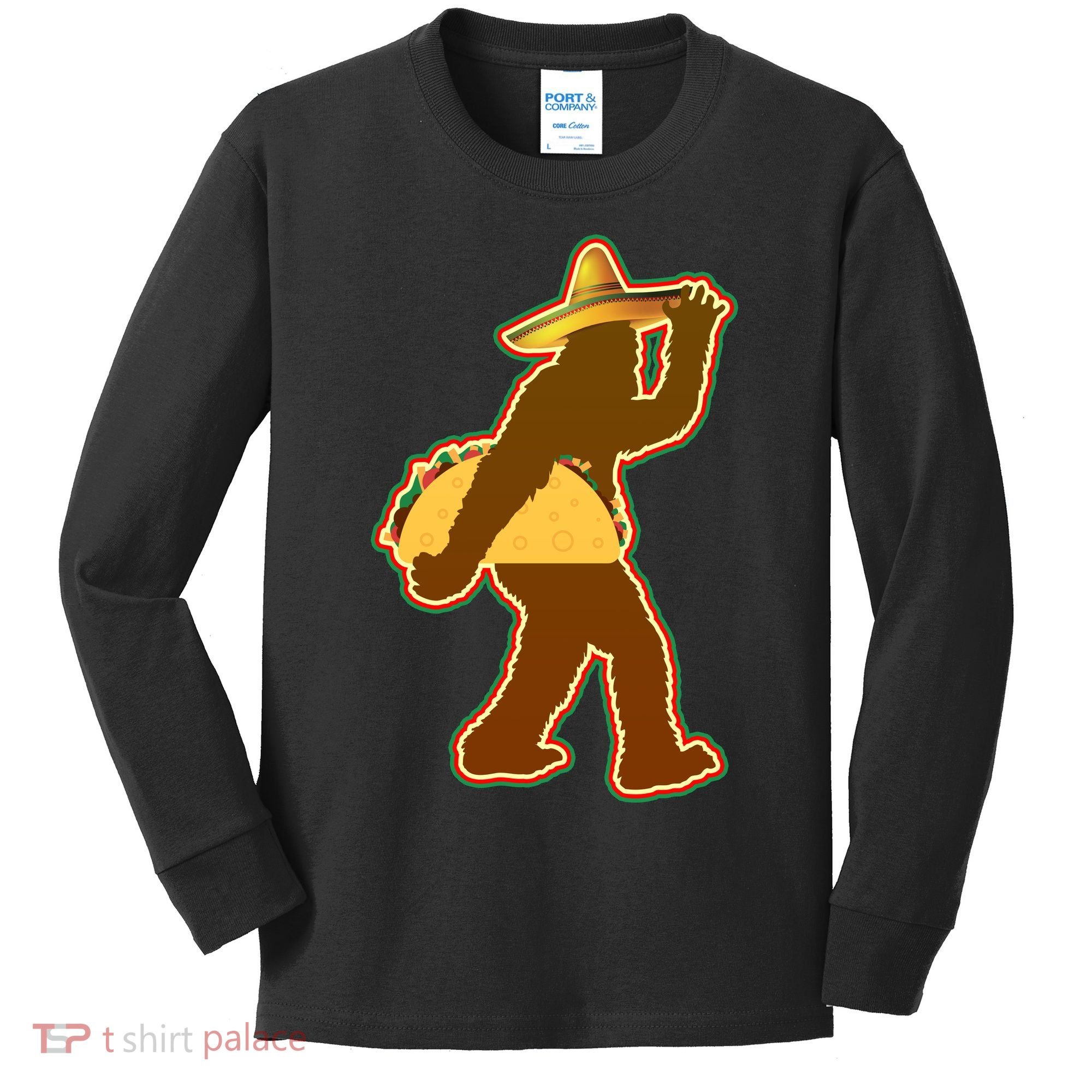 Bigfoot Carrying Taco Cinco de Mayo Kids Long Sleeve Shirt