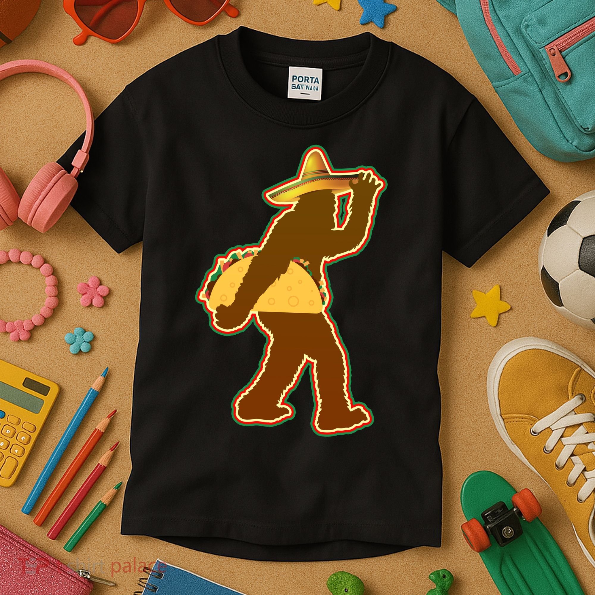 Bigfoot Carrying Taco Cinco de Mayo Kids T-Shirt