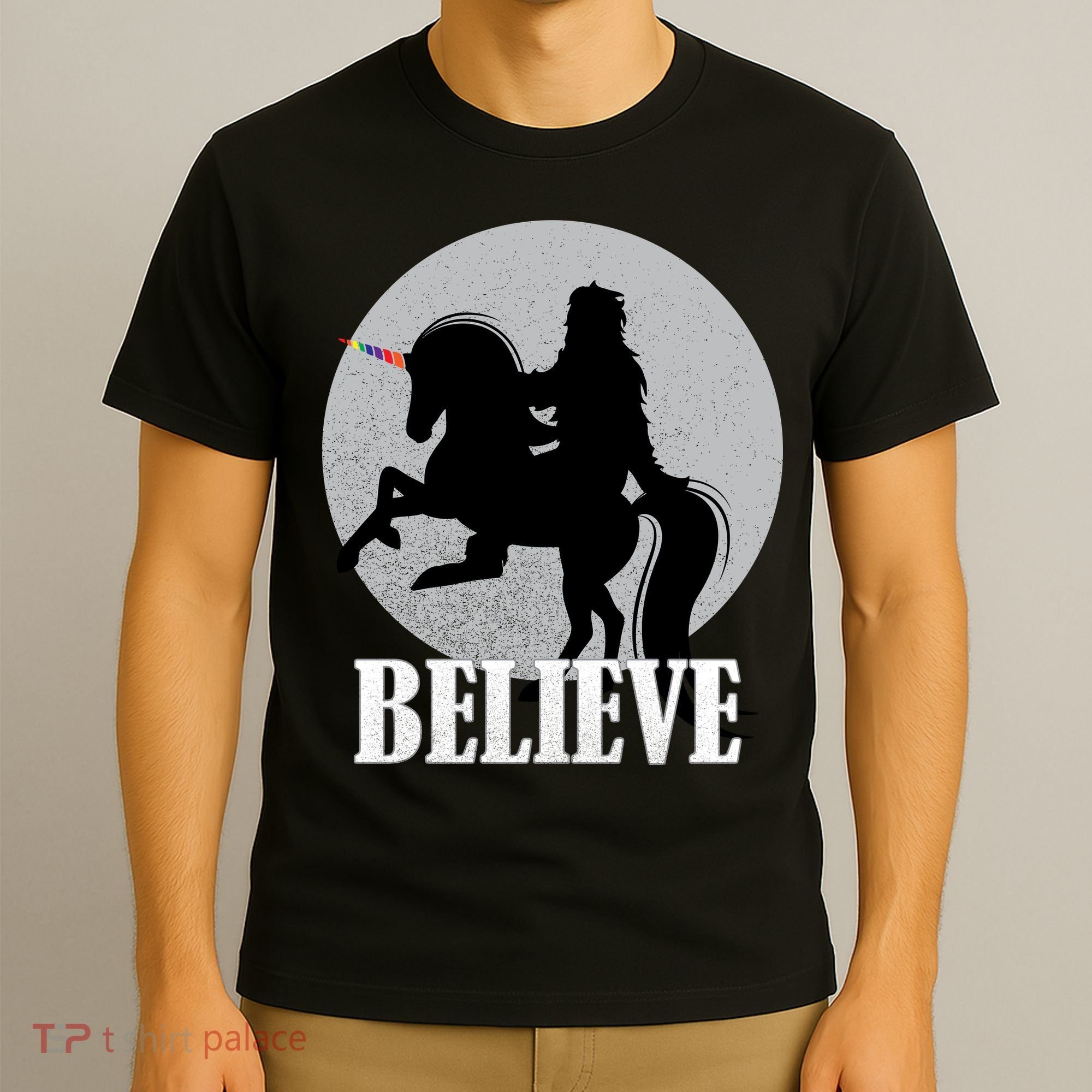 Bigfoot Riding Unicorn Believe T-Shirt