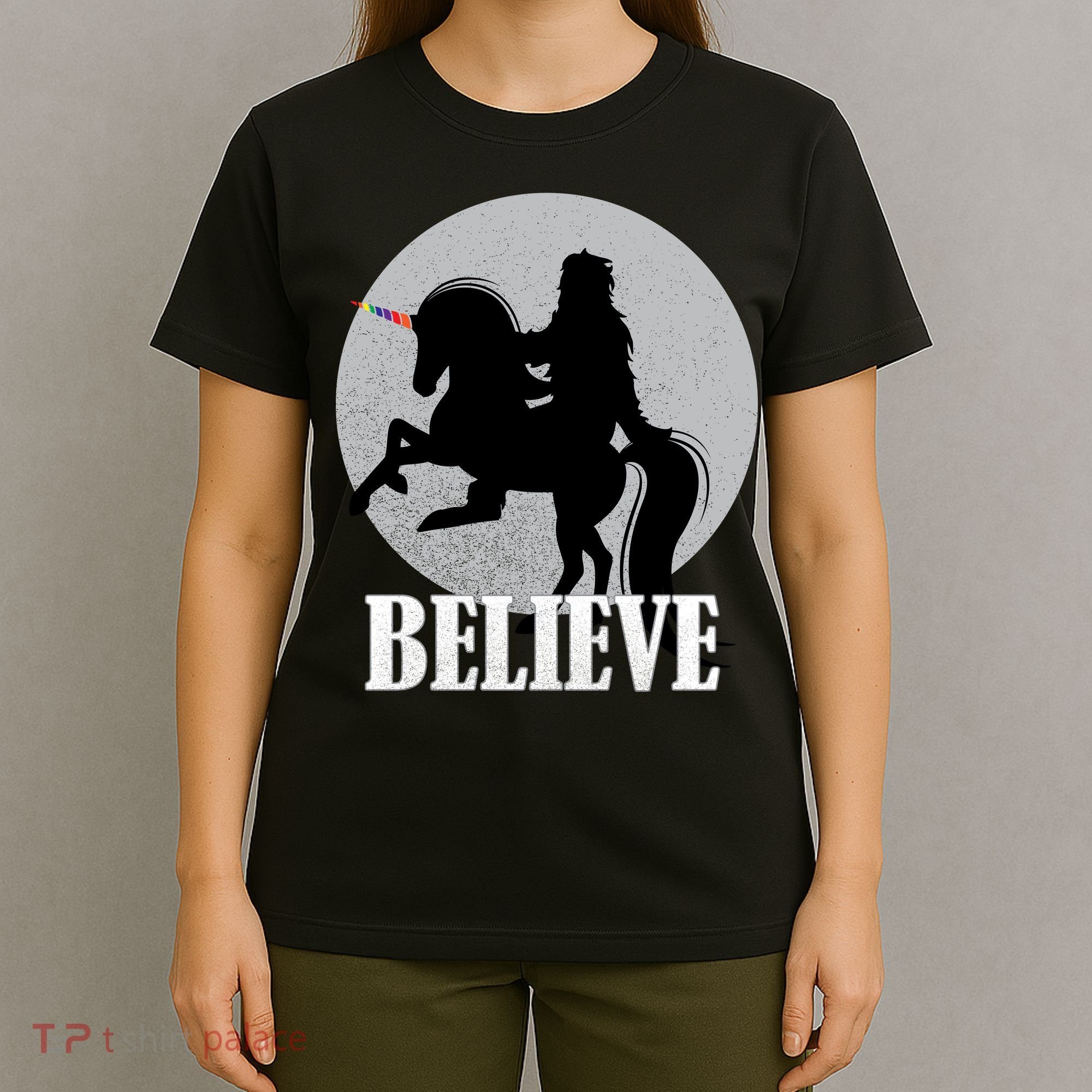 Bigfoot Riding Unicorn Believe T-Shirt
