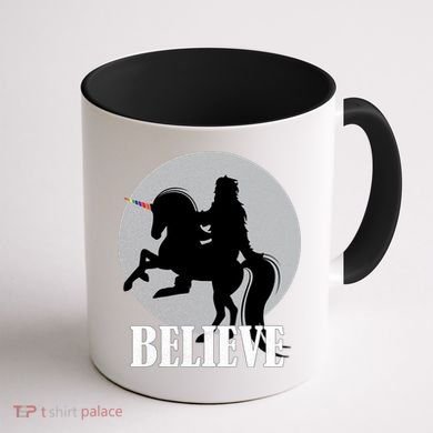 Bigfoot Riding Unicorn Believe Coffee Mug back