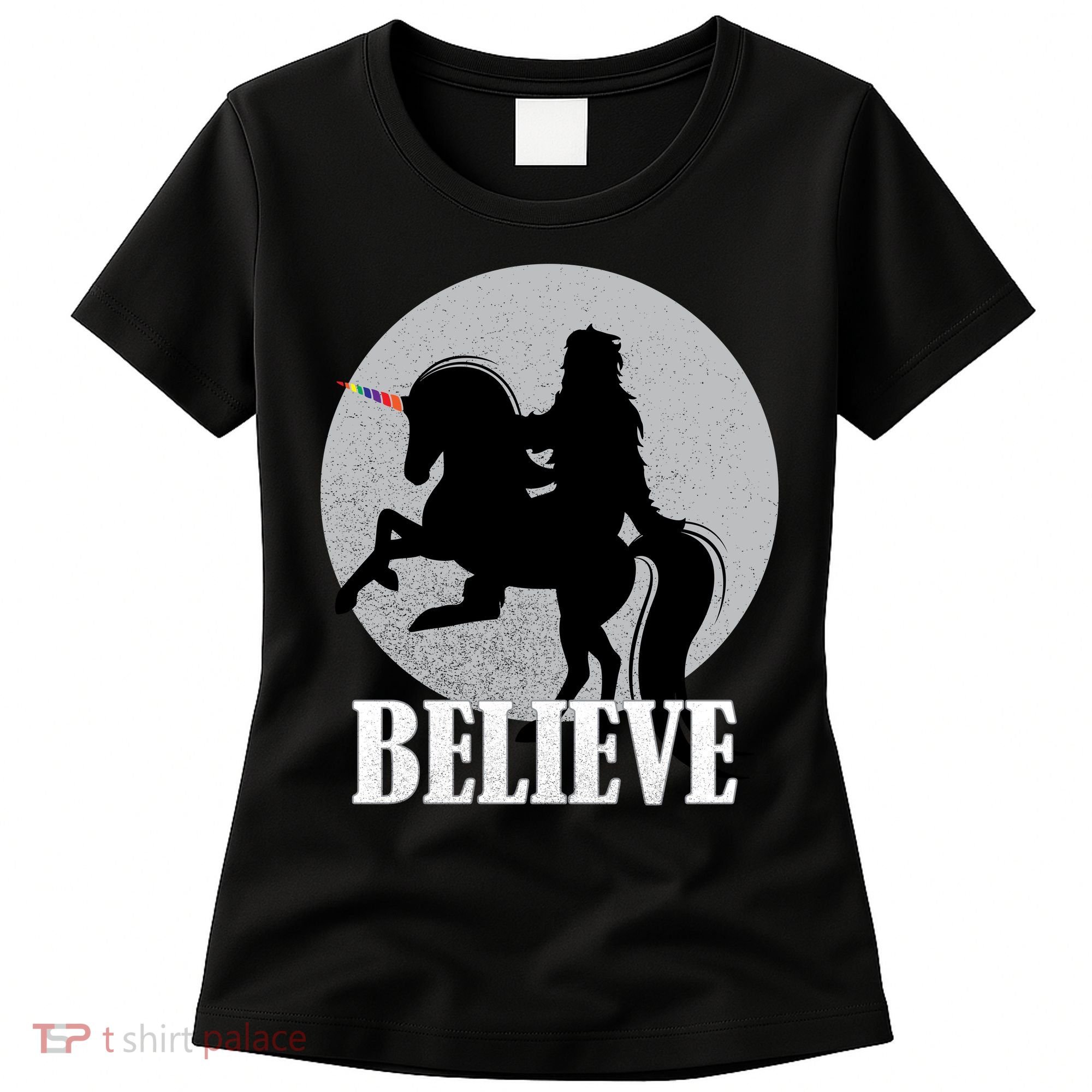 Bigfoot Riding Unicorn Believe Women's T-Shirt