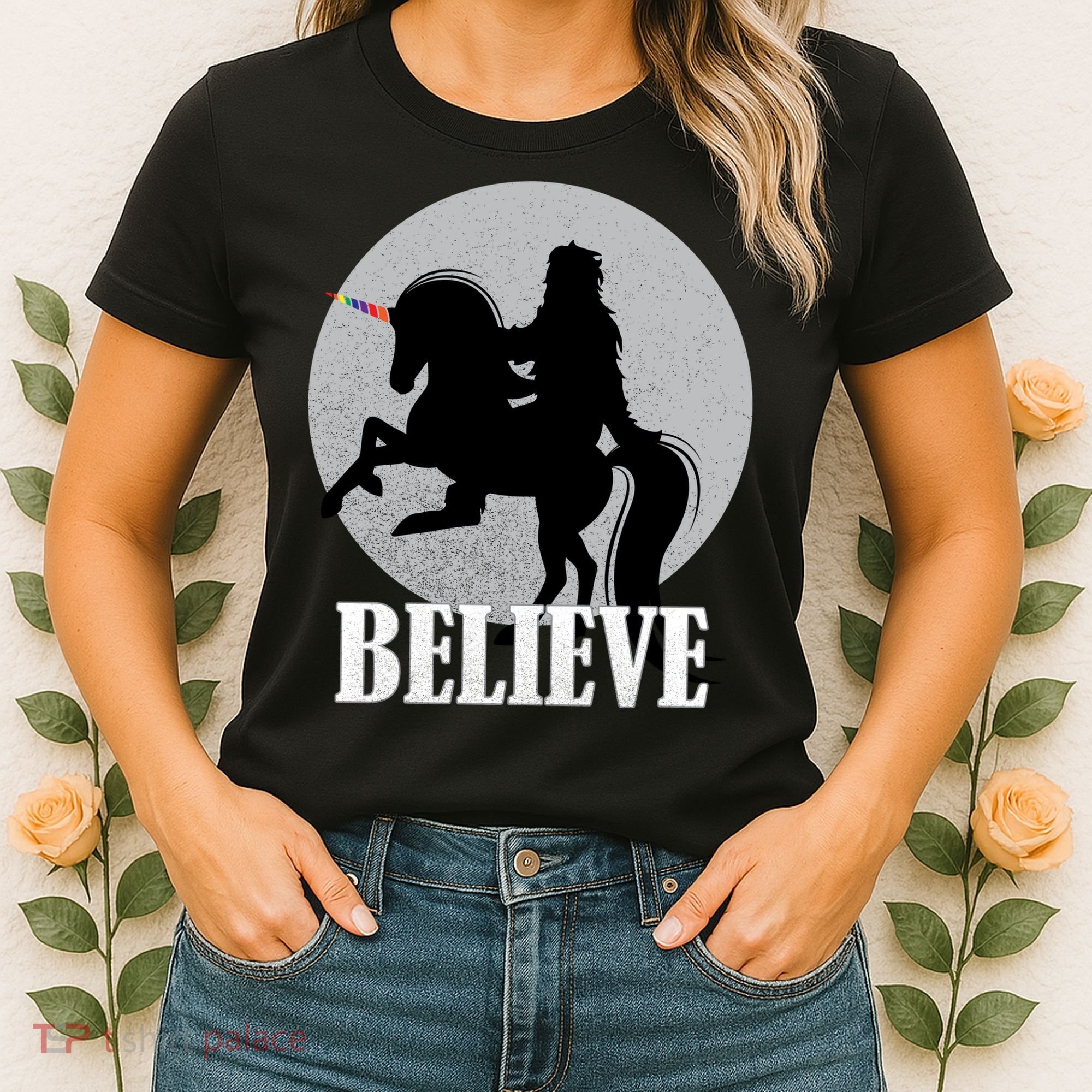 Bigfoot Riding Unicorn Believe Women's T-Shirt