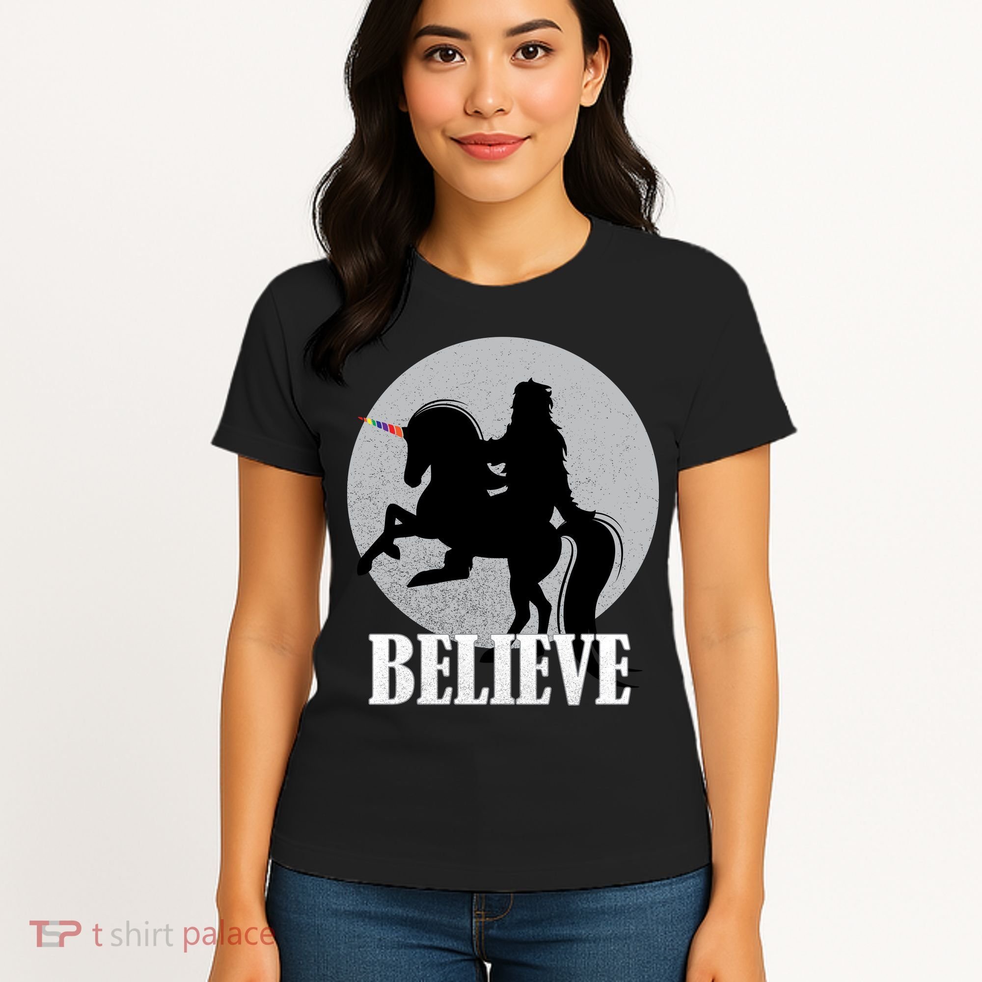 Bigfoot Riding Unicorn Believe Women's T-Shirt