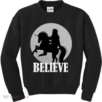 Bigfoot Riding Unicorn Believe Kids Sweatshirt