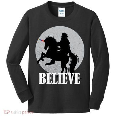 Bigfoot Riding Unicorn Believe Kids Long Sleeve Shirt
