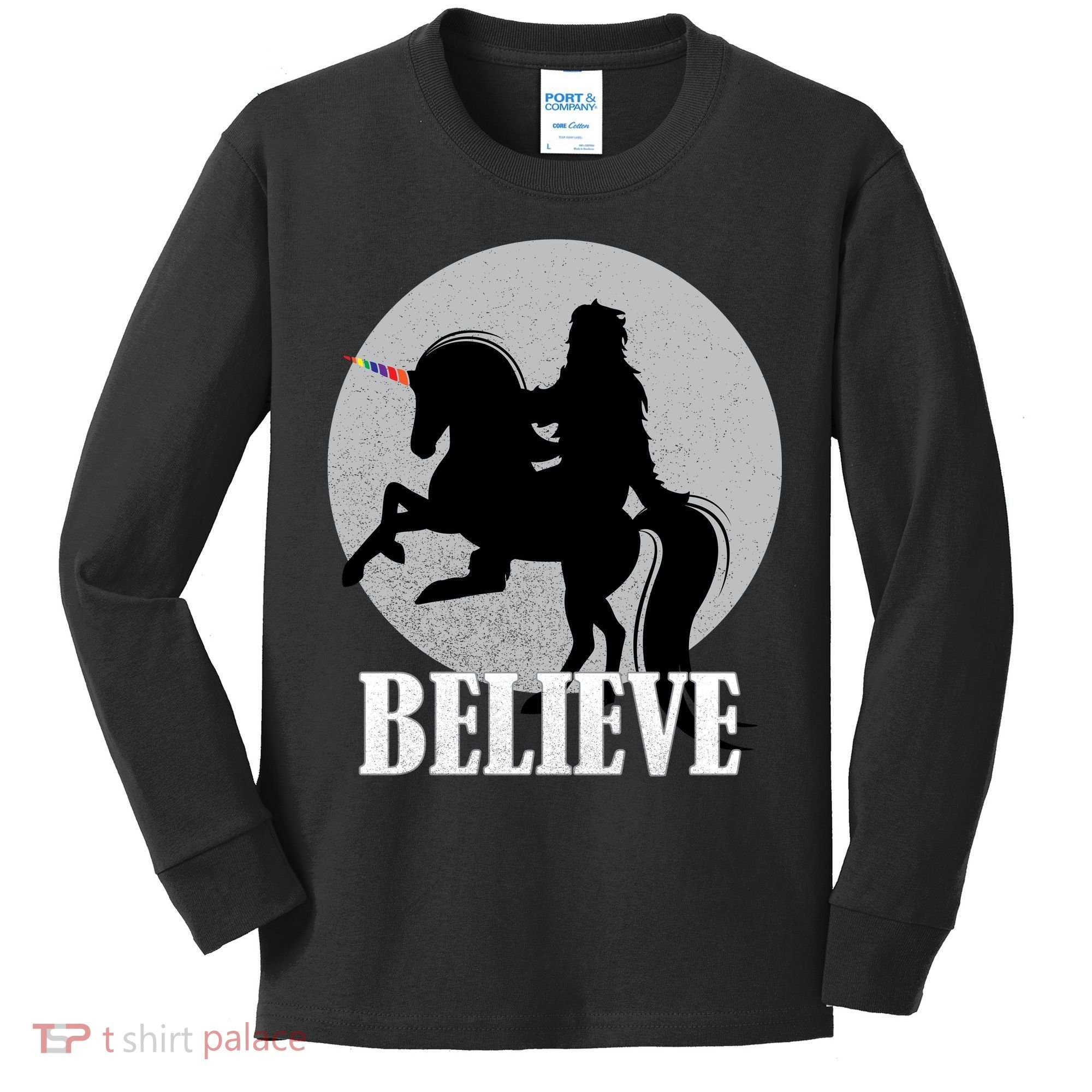 Bigfoot Riding Unicorn Believe Kids Long Sleeve Shirt