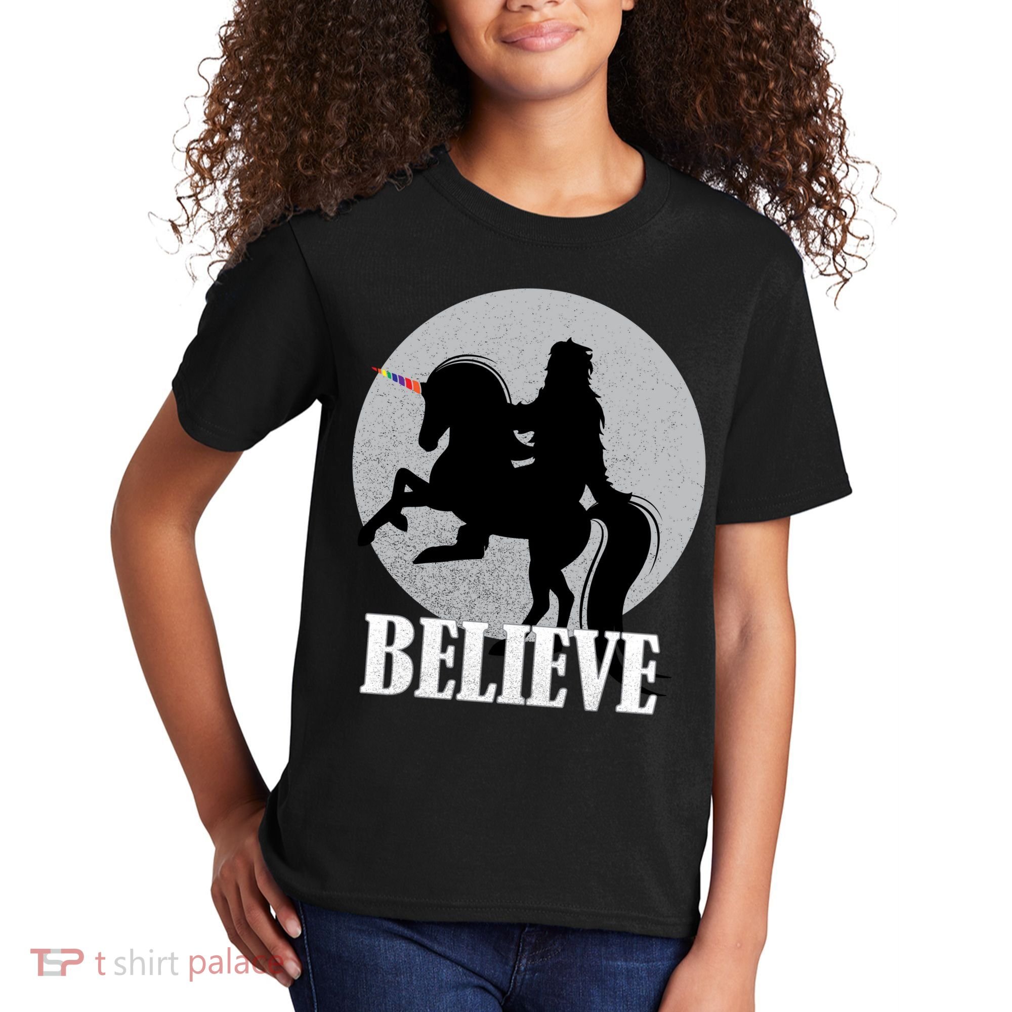 Bigfoot Riding Unicorn Believe Kids T-Shirt