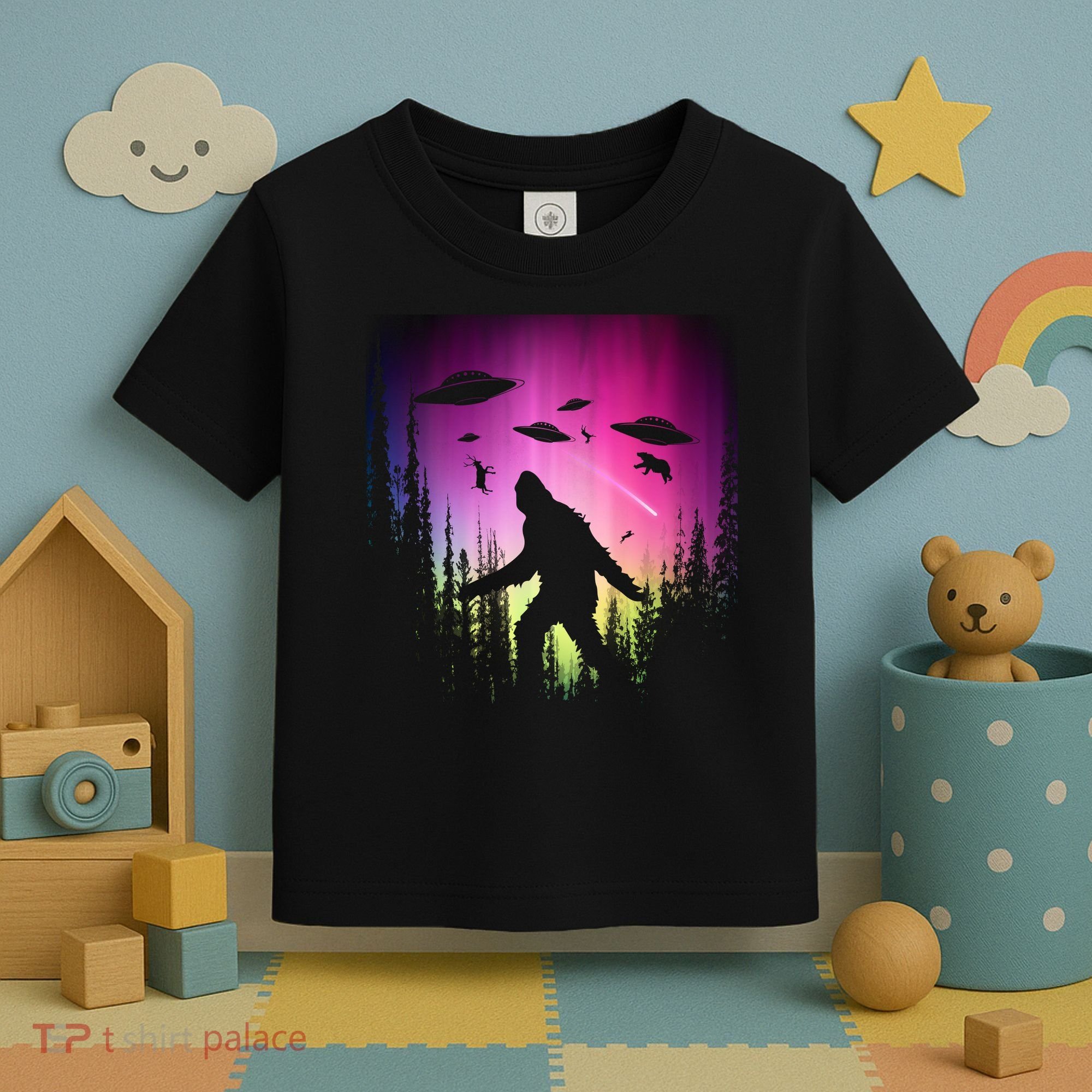 Bigfoot UFOs In Forest Toddler T-Shirt