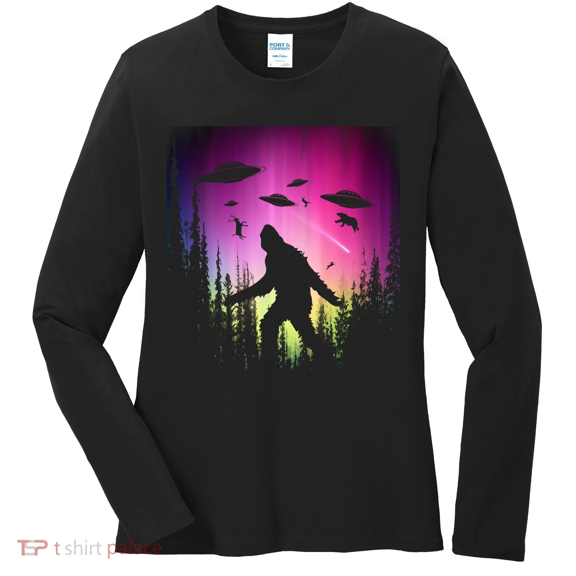 Bigfoot UFOs In Forest Women's Long Sleeve Shirt