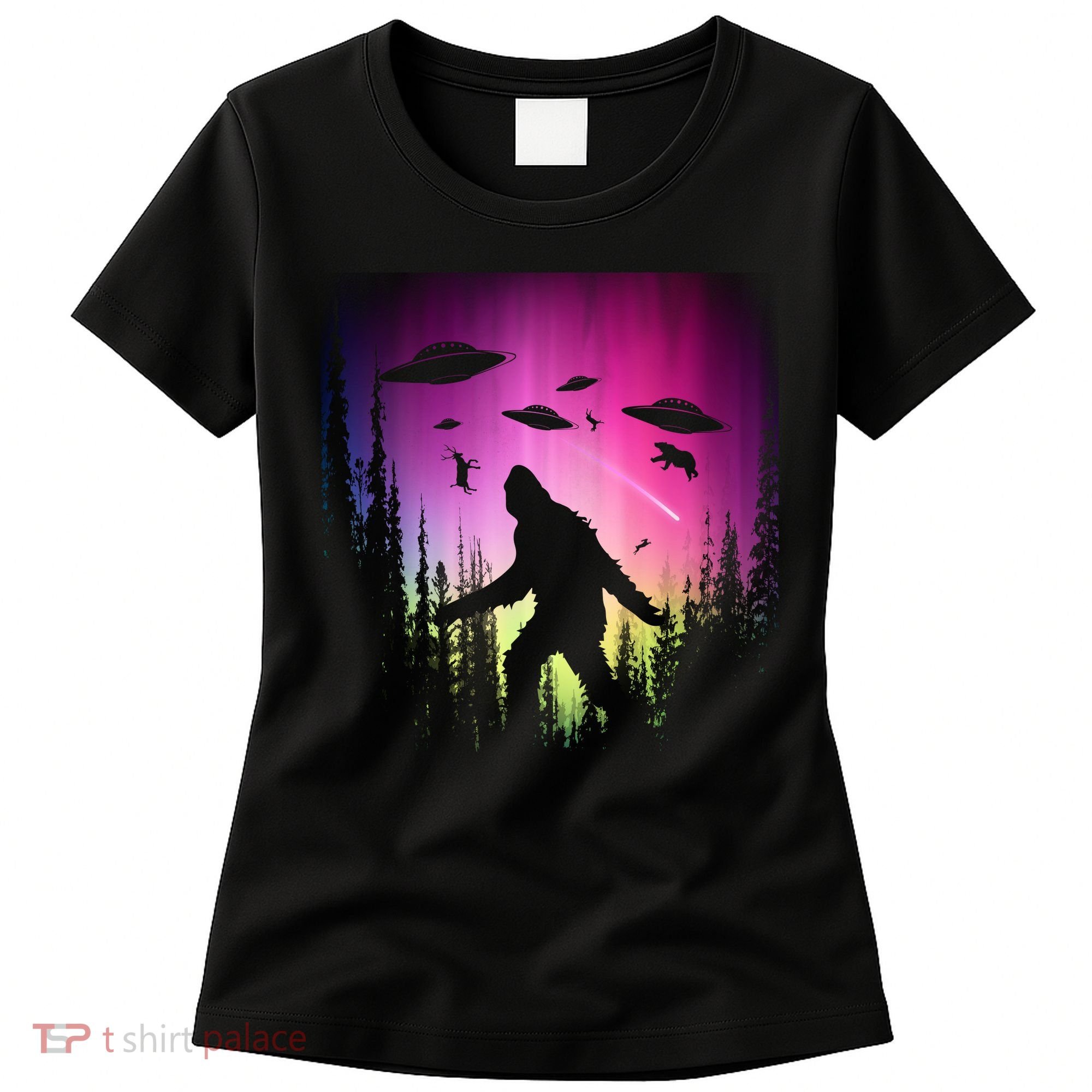 Bigfoot UFOs In Forest Women's T-Shirt