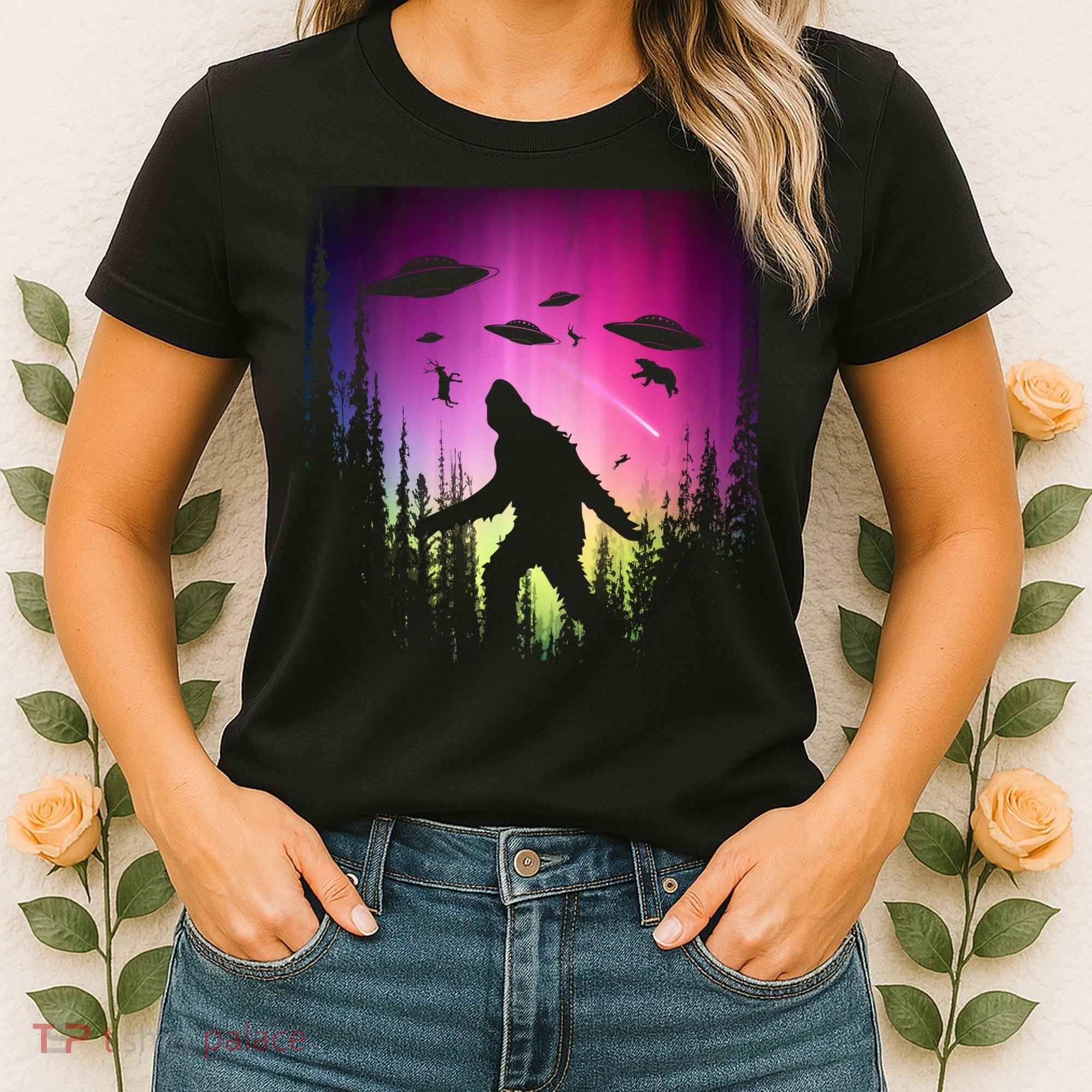 Bigfoot UFOs In Forest Women's T-Shirt