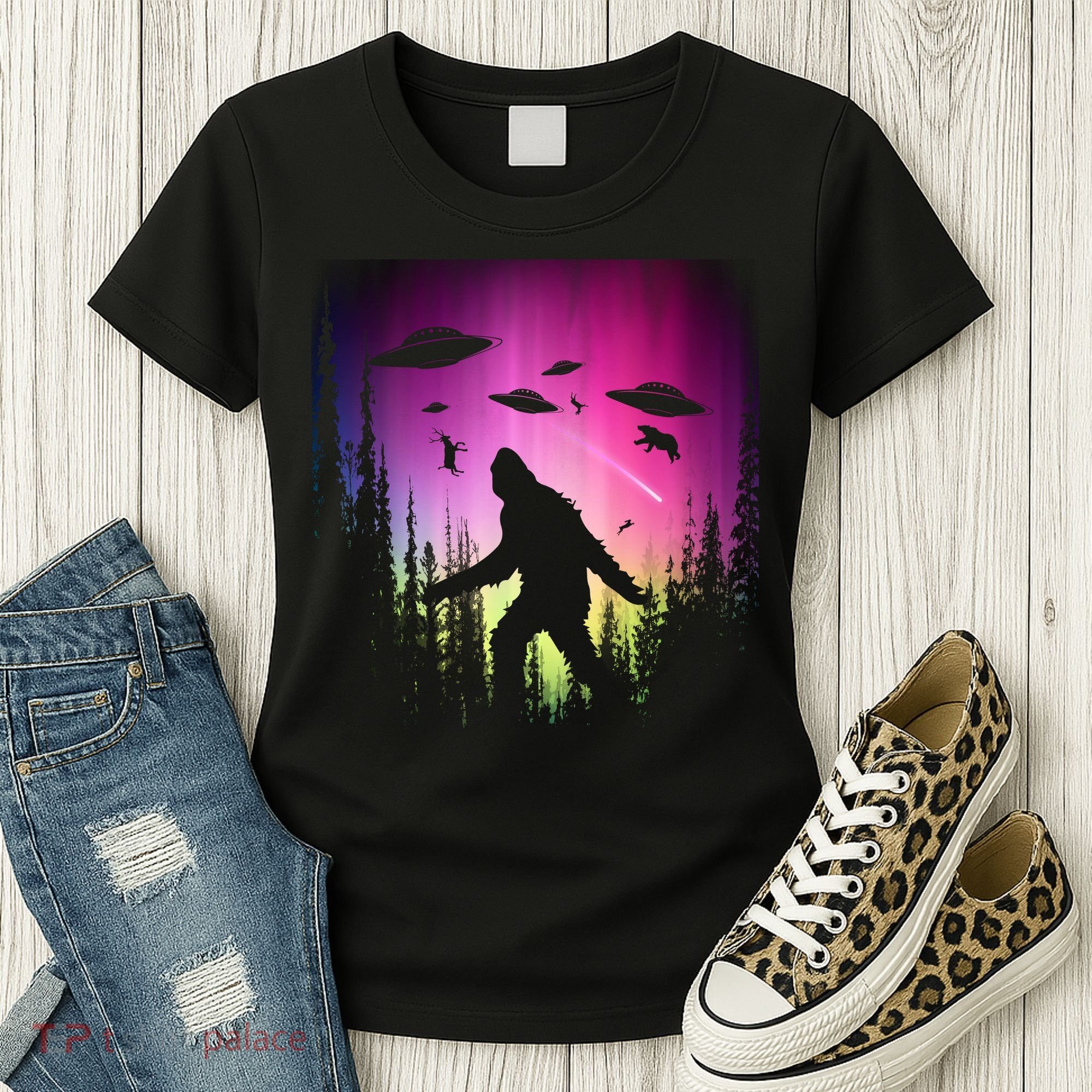 Bigfoot UFOs In Forest Women's T-Shirt