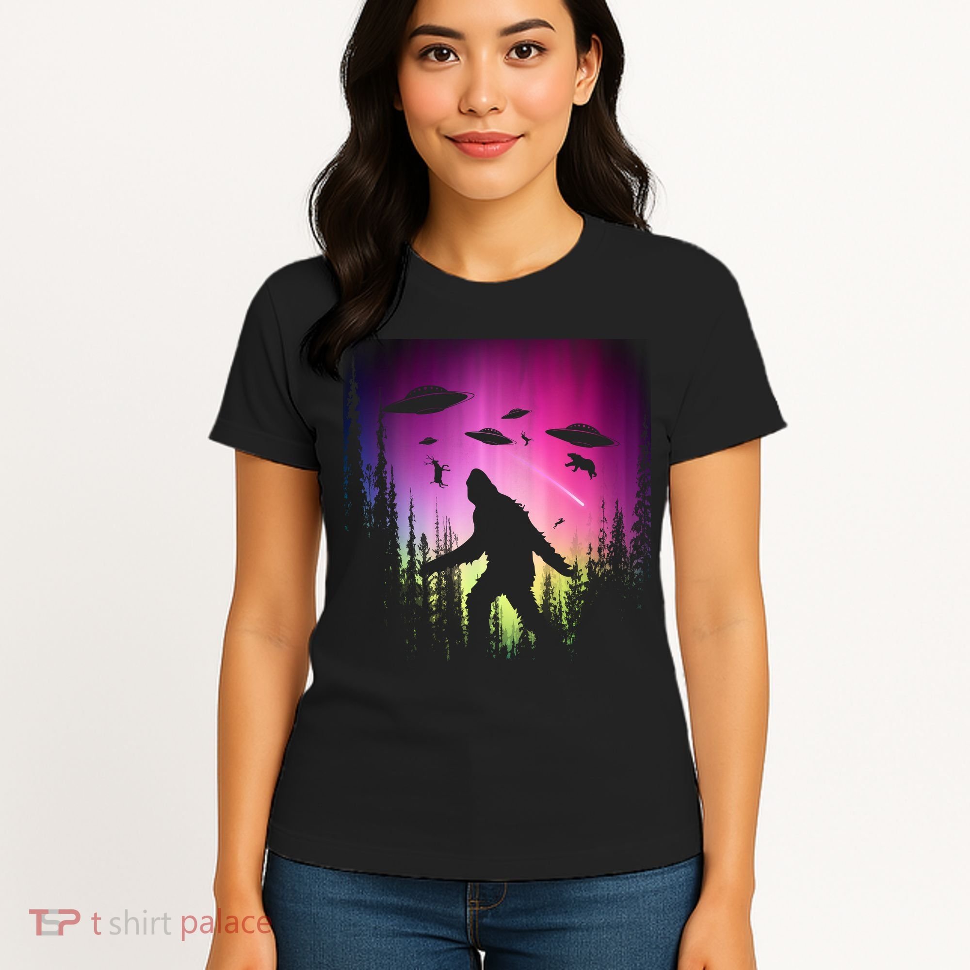 Bigfoot UFOs In Forest Women's T-Shirt