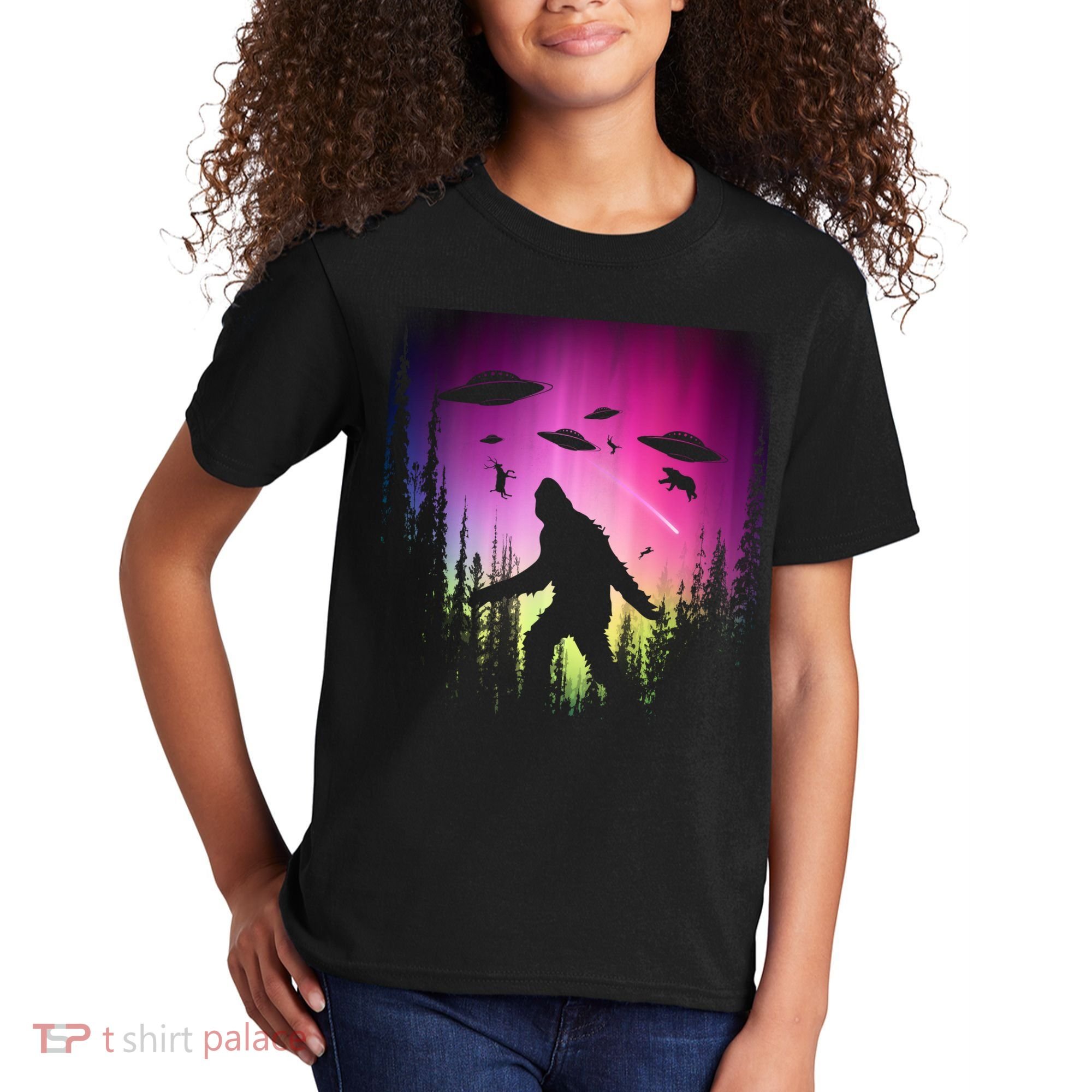 Bigfoot UFOs In Forest Kids T-Shirt