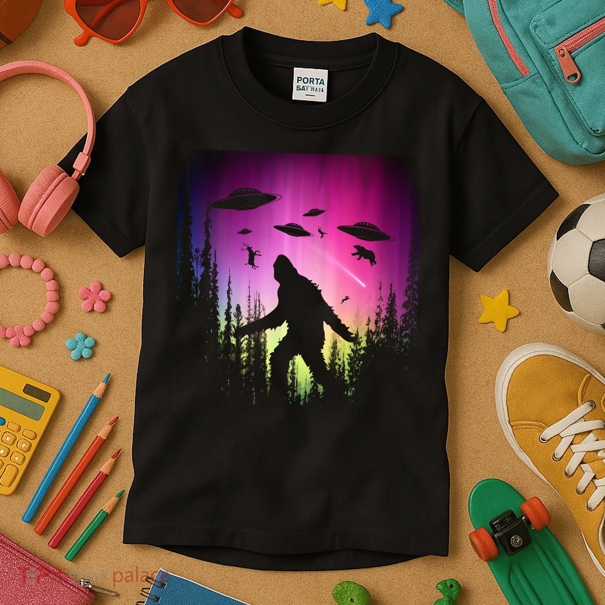 Bigfoot UFOs In Forest Kids T-Shirt