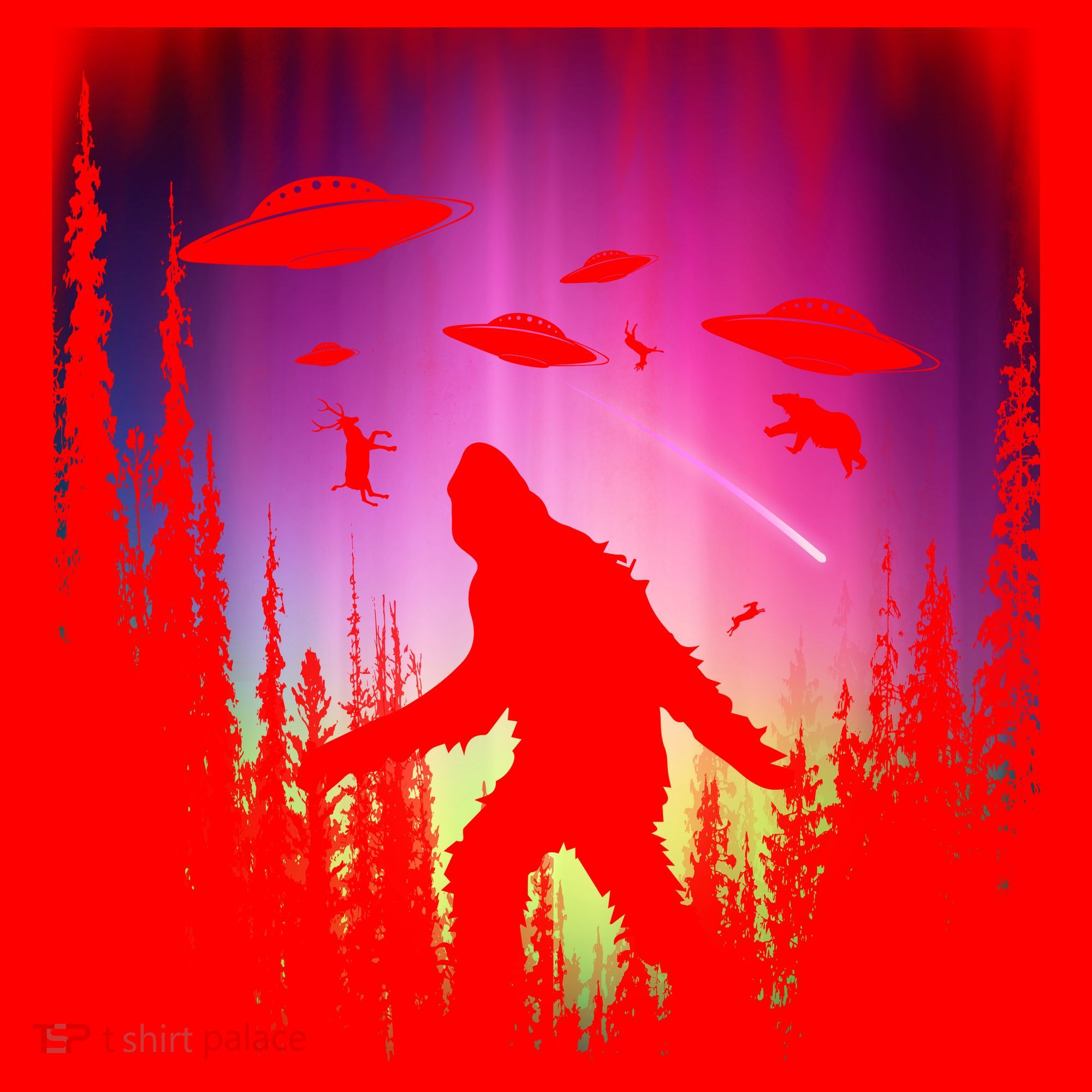 Bigfoot UFOs In Forest Santa Hat