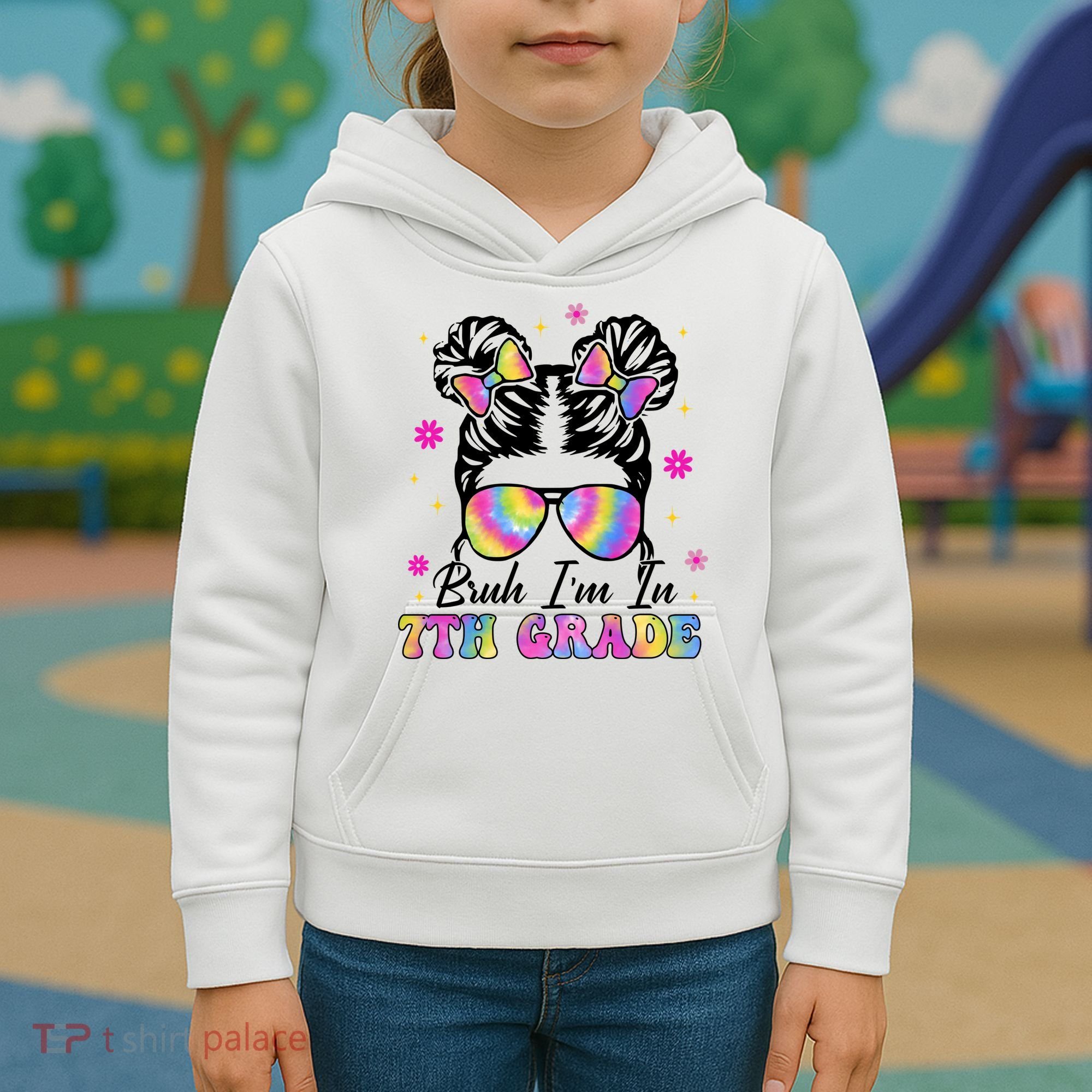Bruh Im In 7th Grade Messy Bun First Day Of School Kids Hoodie