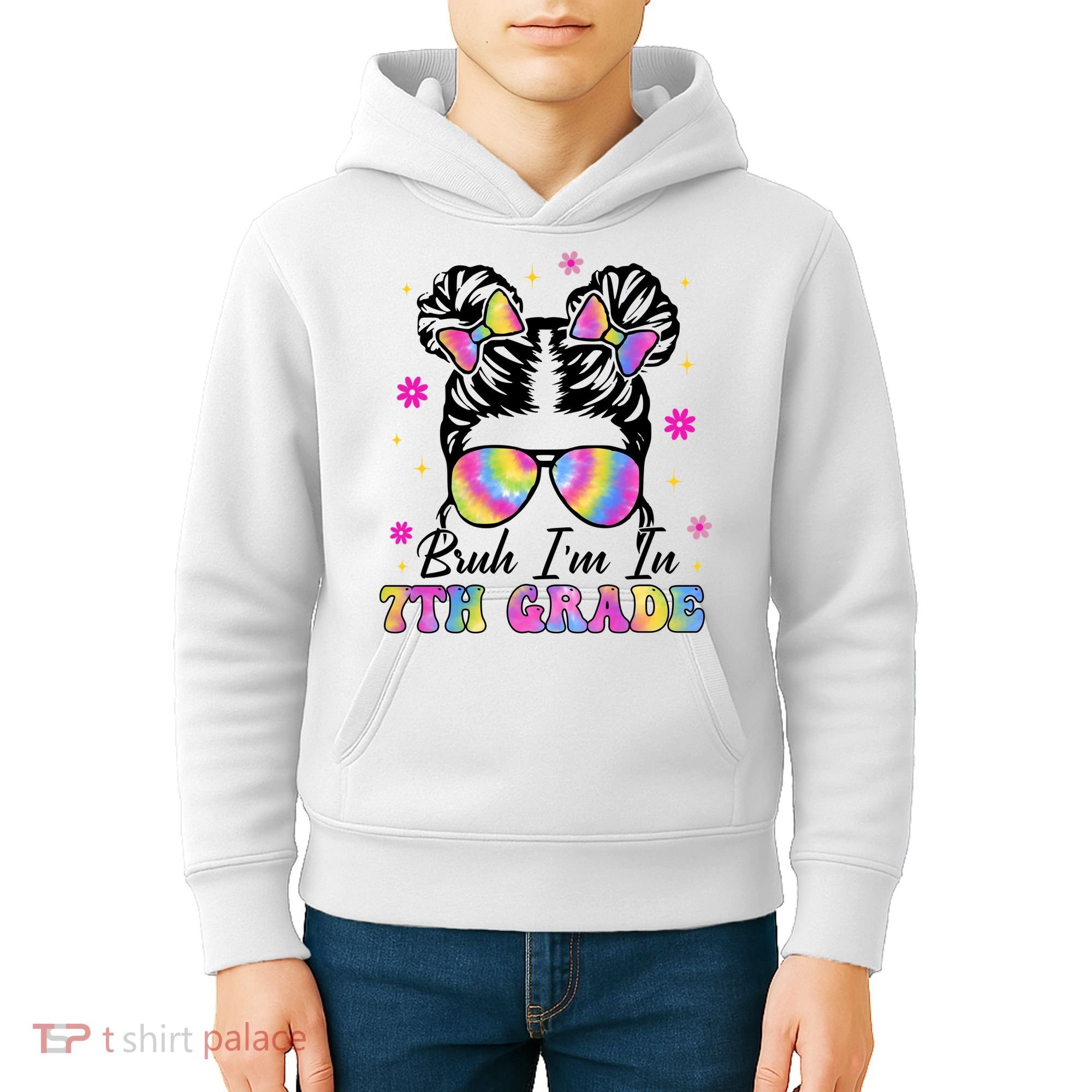 Bruh Im In 7th Grade Messy Bun First Day Of School Kids Hoodie