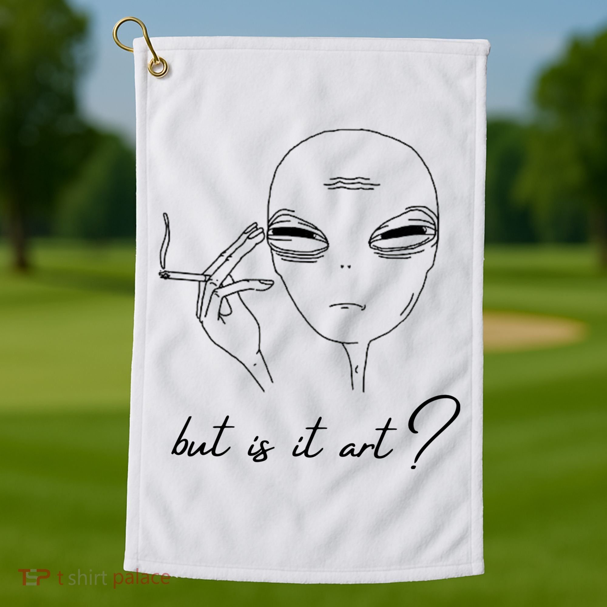 But Is It Art? Funny Smoking Alien Golf Towel